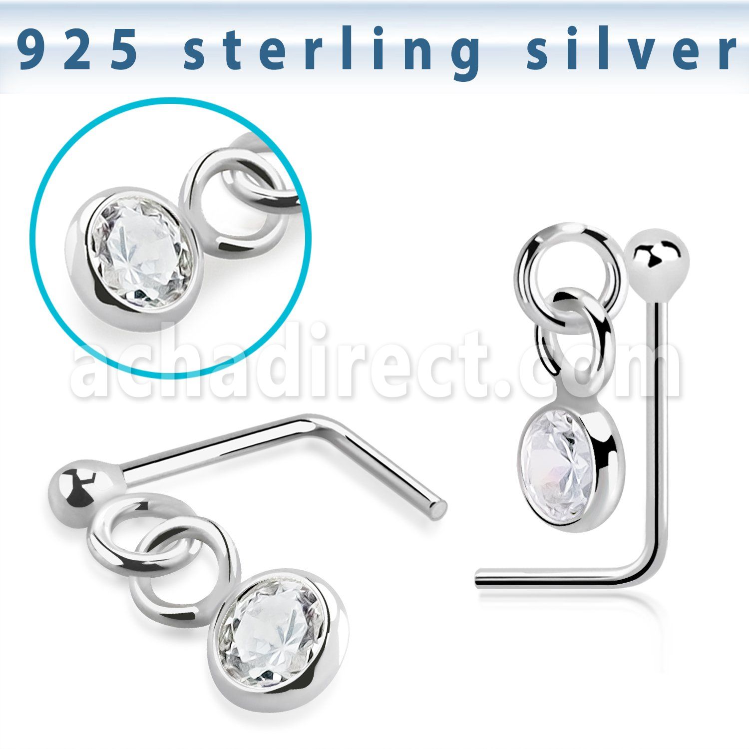 nsdvbz1 silver nose stud ball bezel set dangling cz