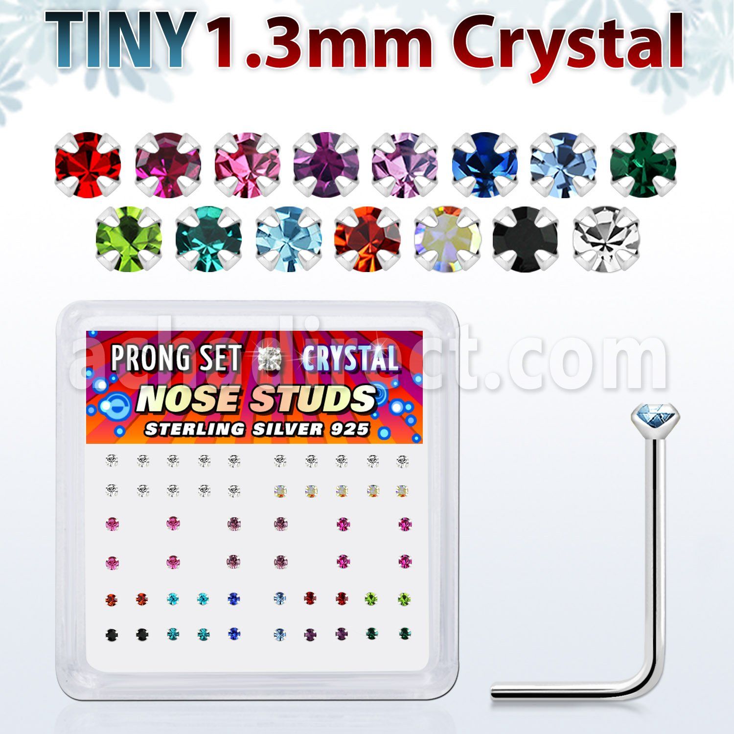 nsp6mx box of silver nose studs w 1 25mm prong set crystal tops