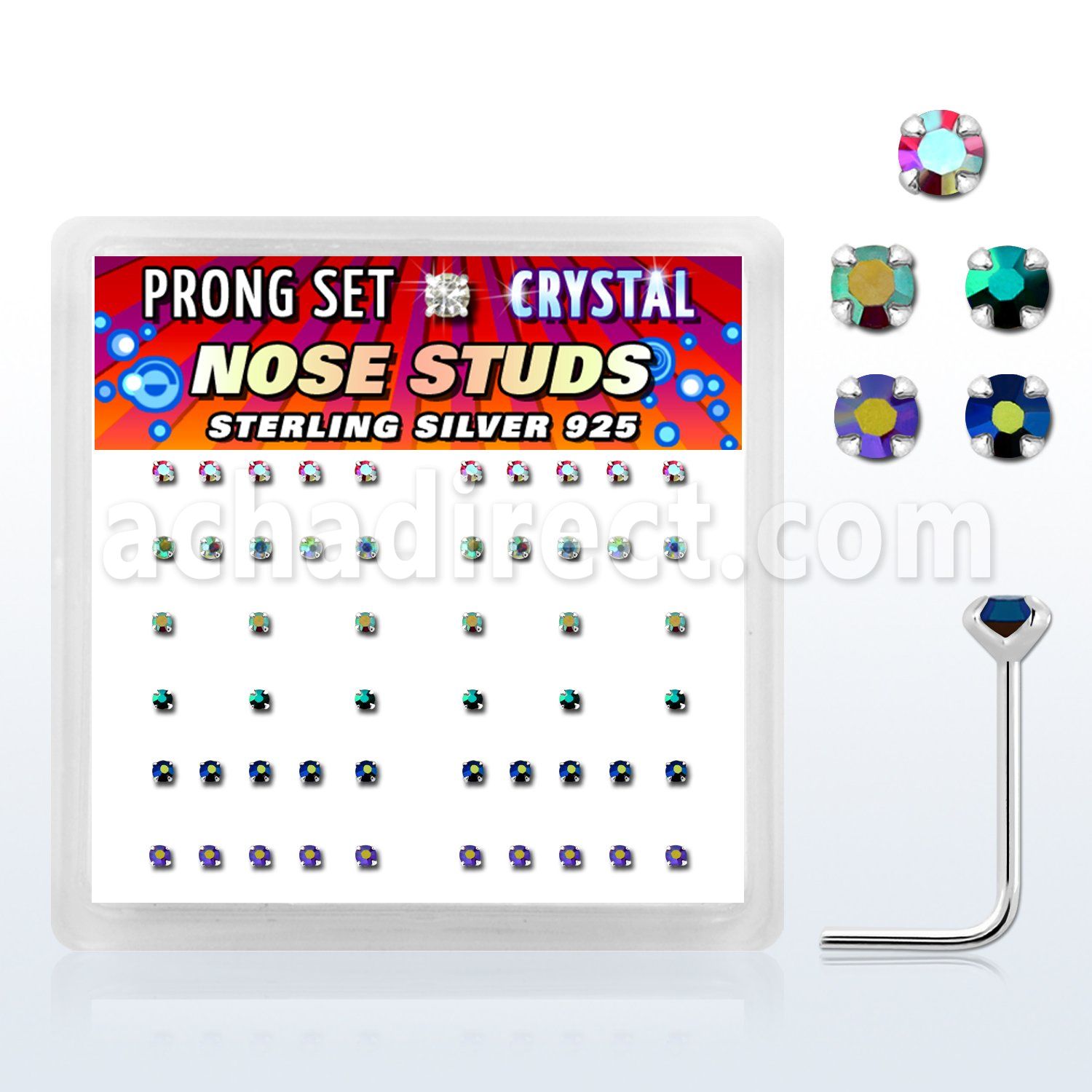 nspbxabm box of silver nose studs with 1 5mm ab prong crystals