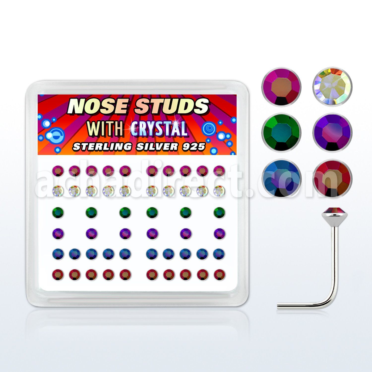 nsrdxabm box of silver nose studs with assorted ab crystals