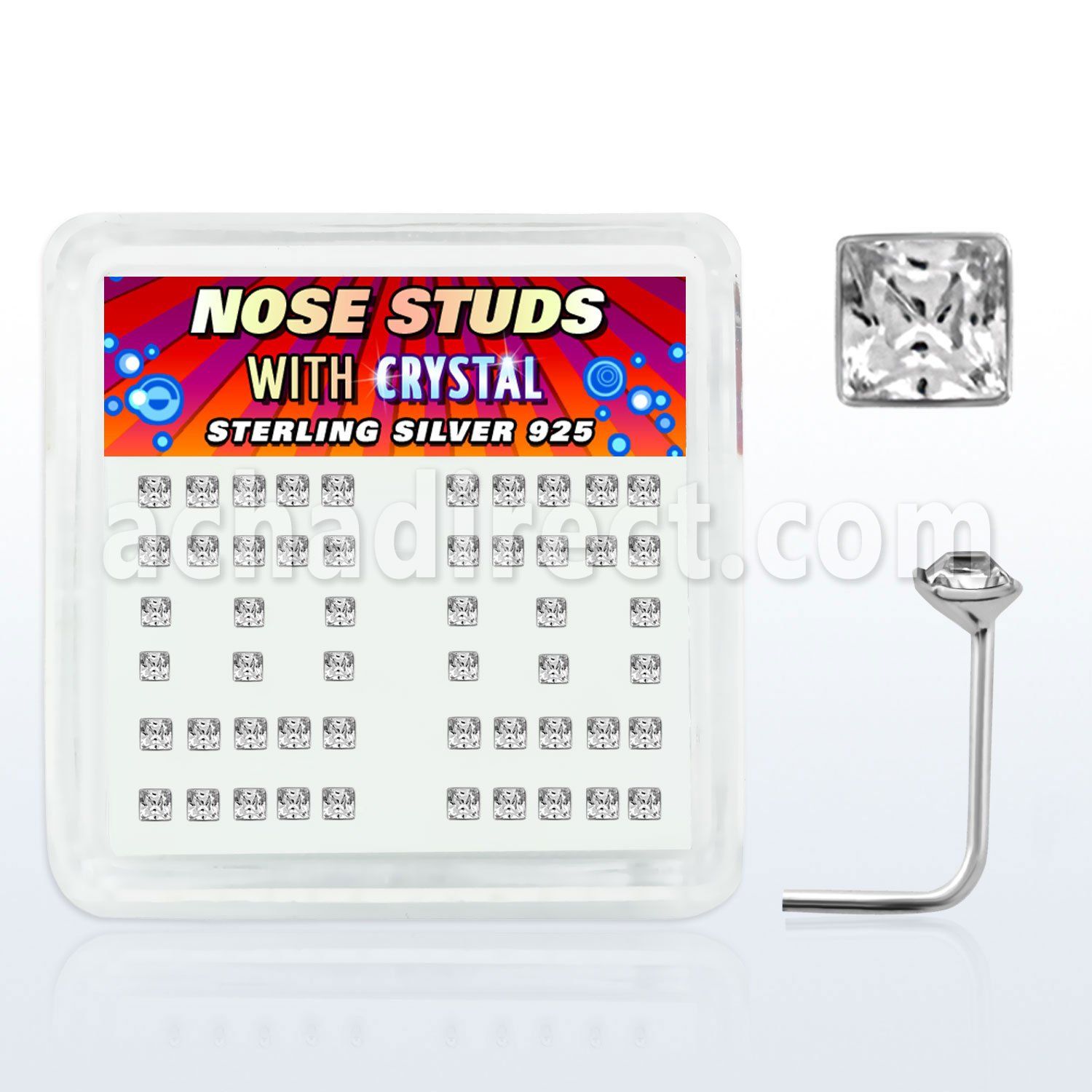 nssqbxc box of silver nose studs with 2mm square clear crystals