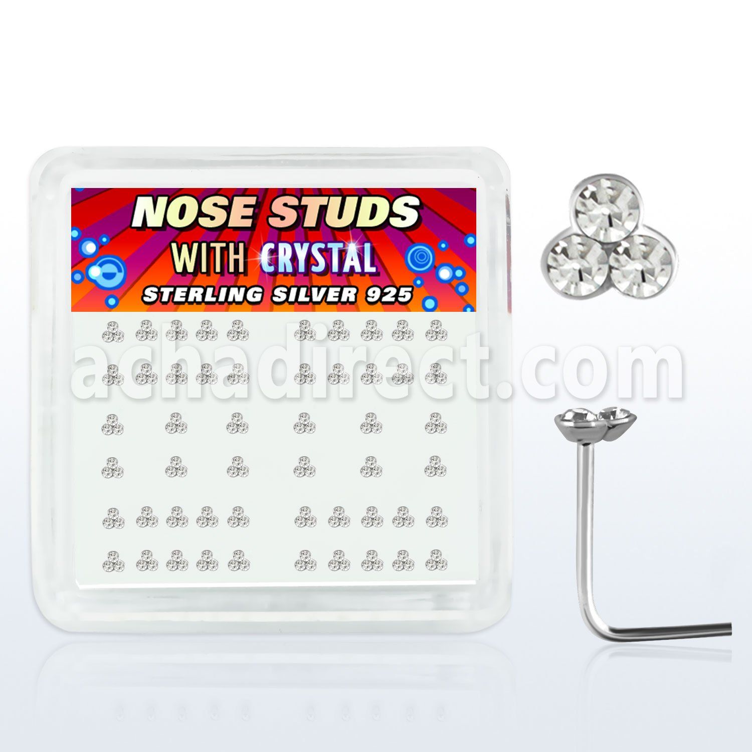 nstrc box of silver nose studs with 1mm triple crystals