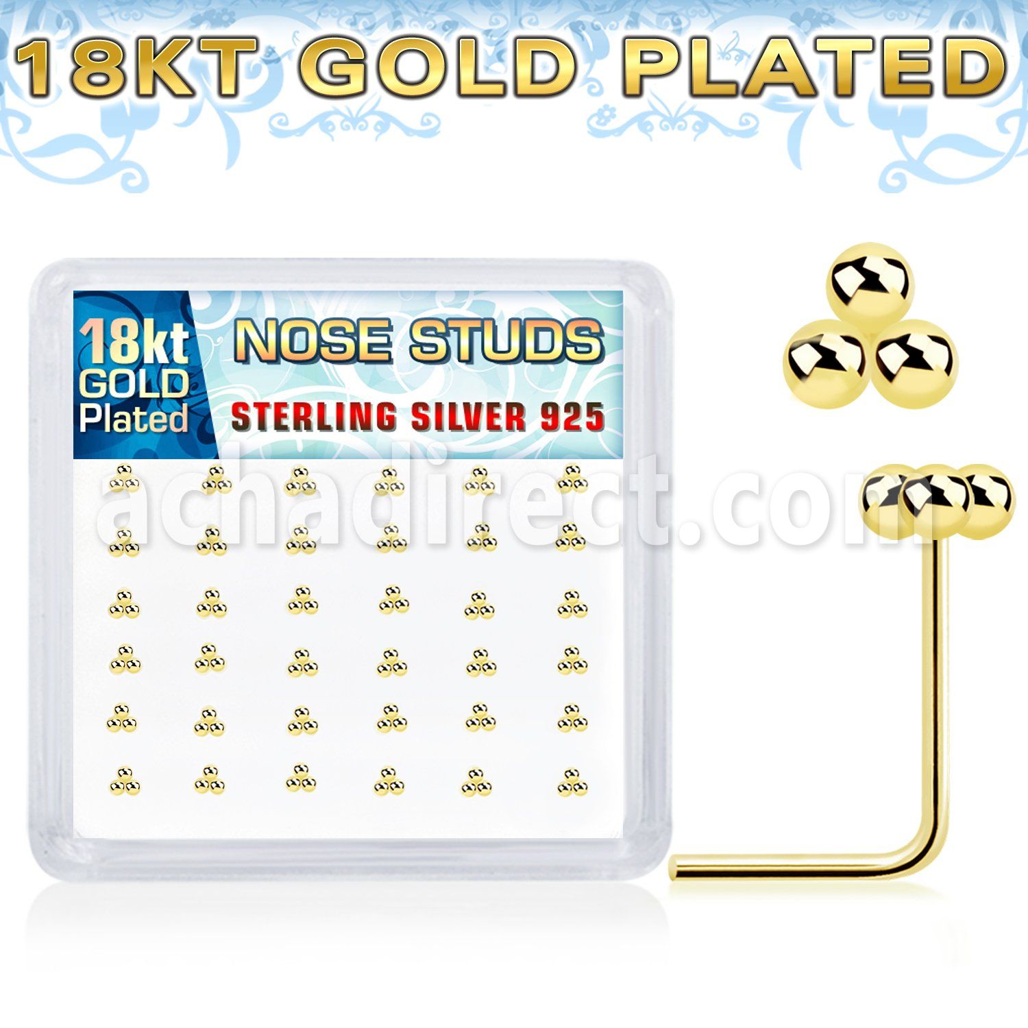 nstsv36g 18k plated silver nose studs triple balls 36pcs