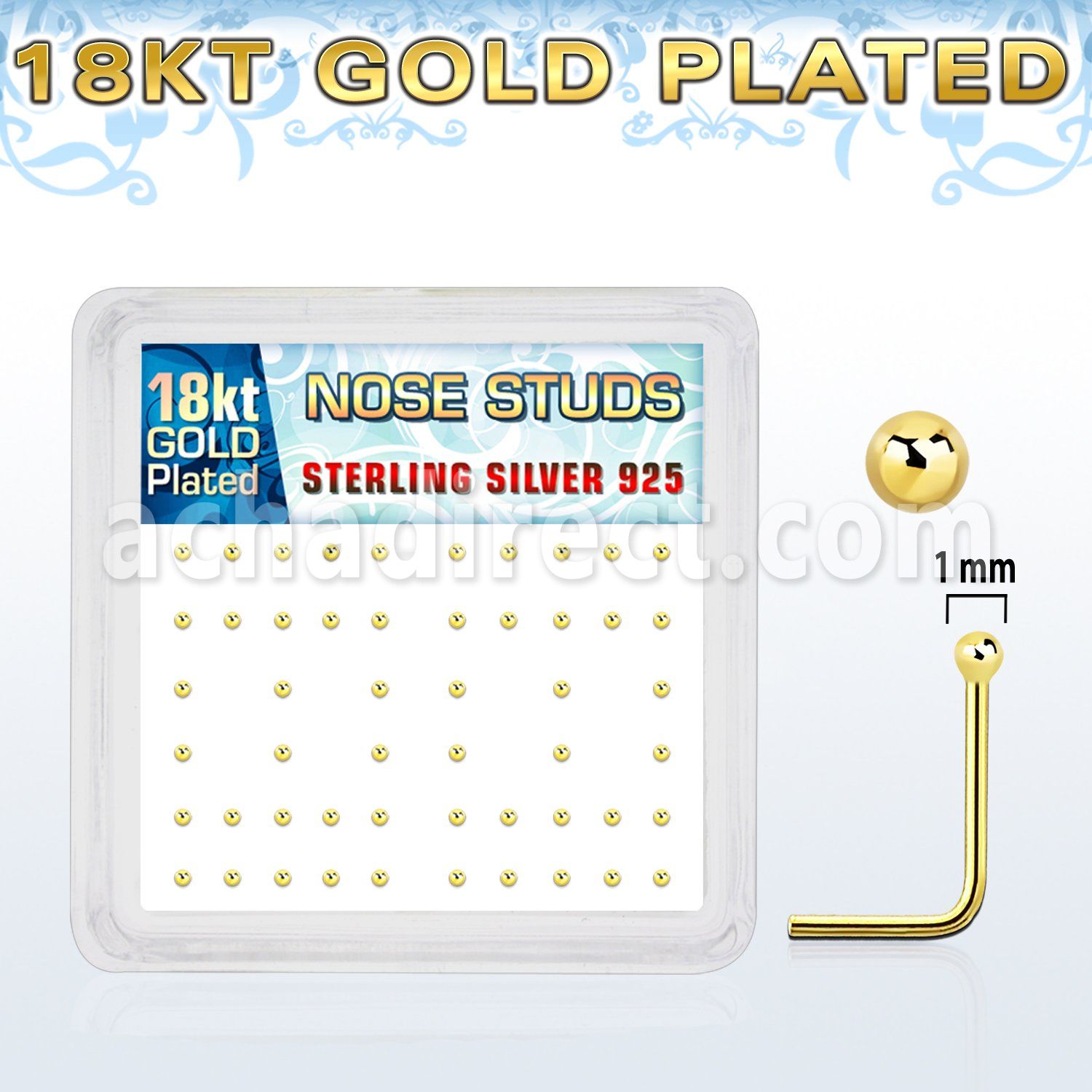 nsx18b1 box of gold plated silver nose stud w 1mm ball shape top