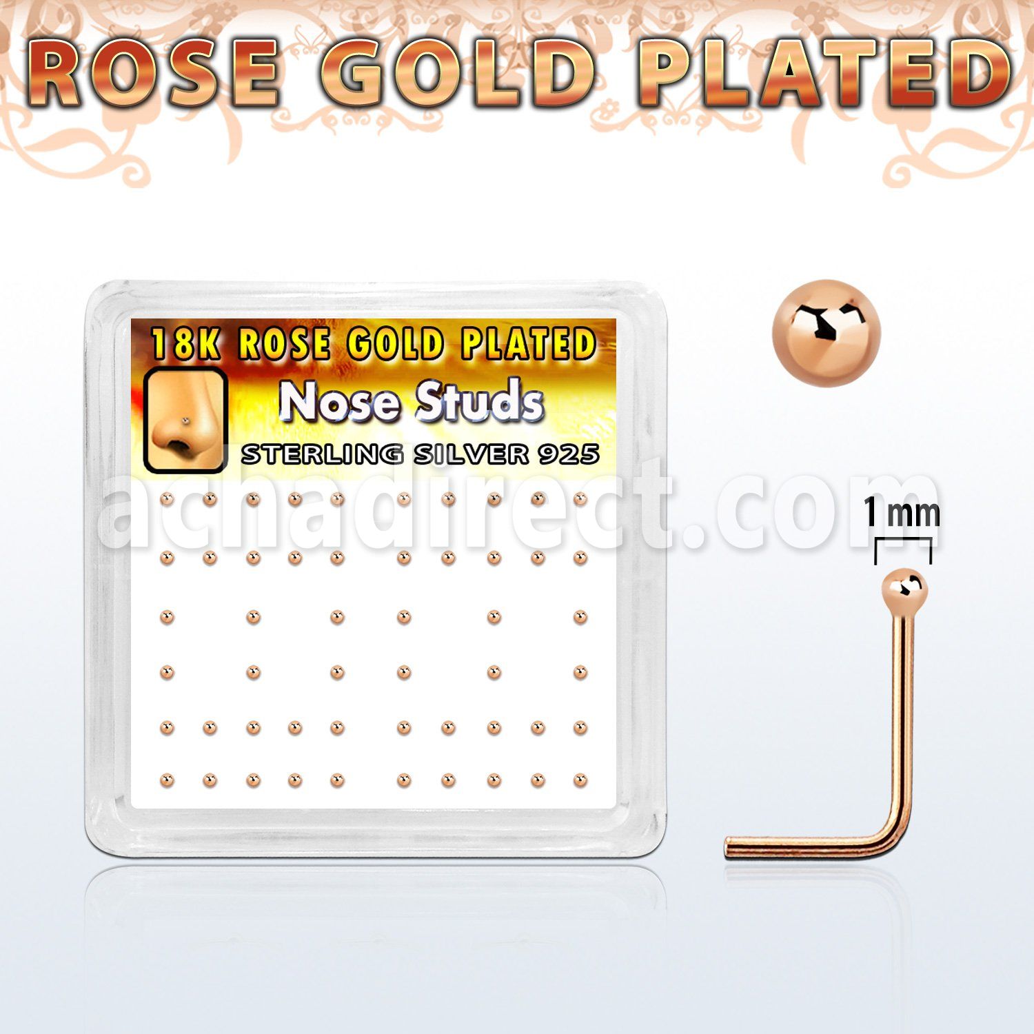 nsxrsb1 box of rose gold plated silver nose stud w 1mm ball top