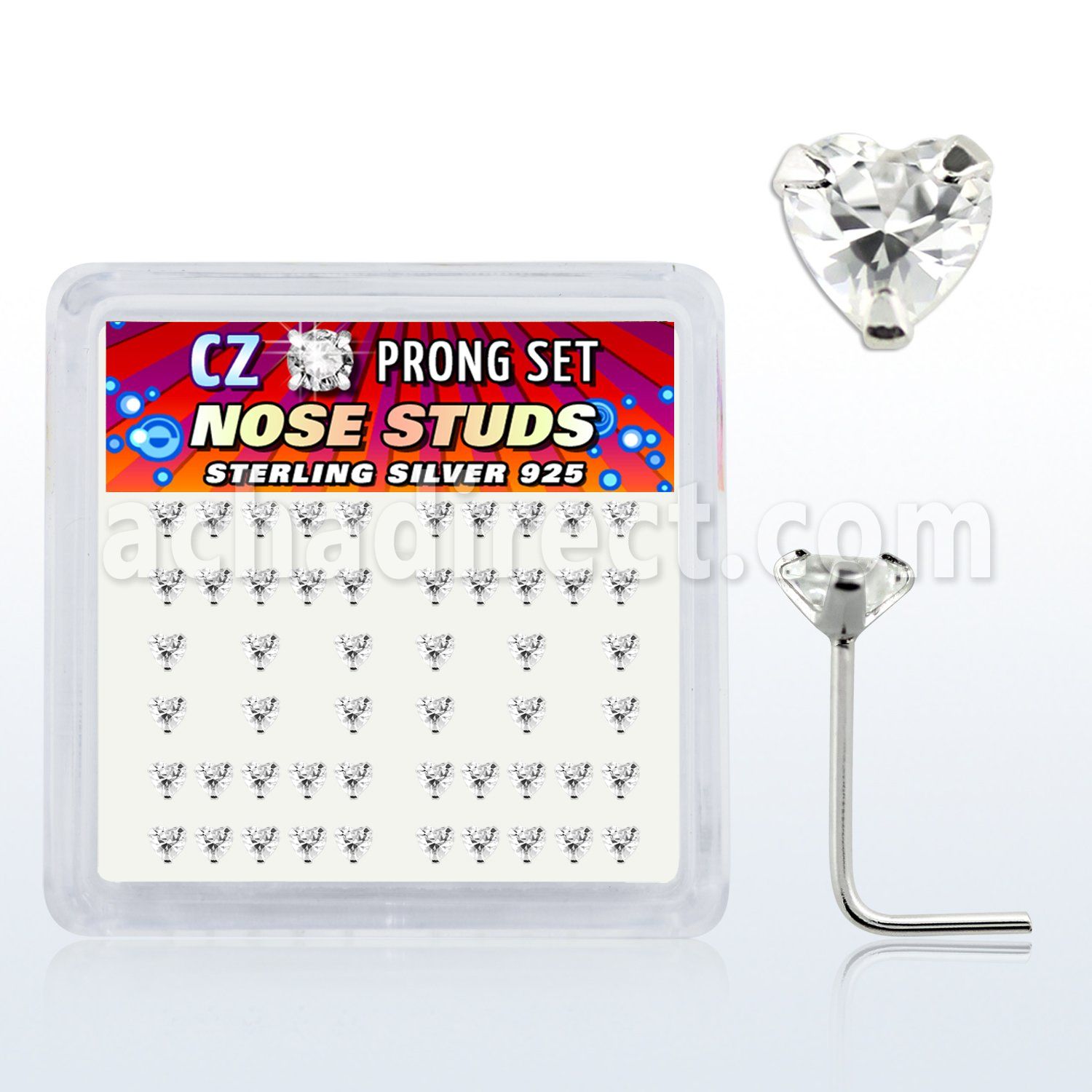 nszbhc box of silver nose studs with 3mm heart prong cz