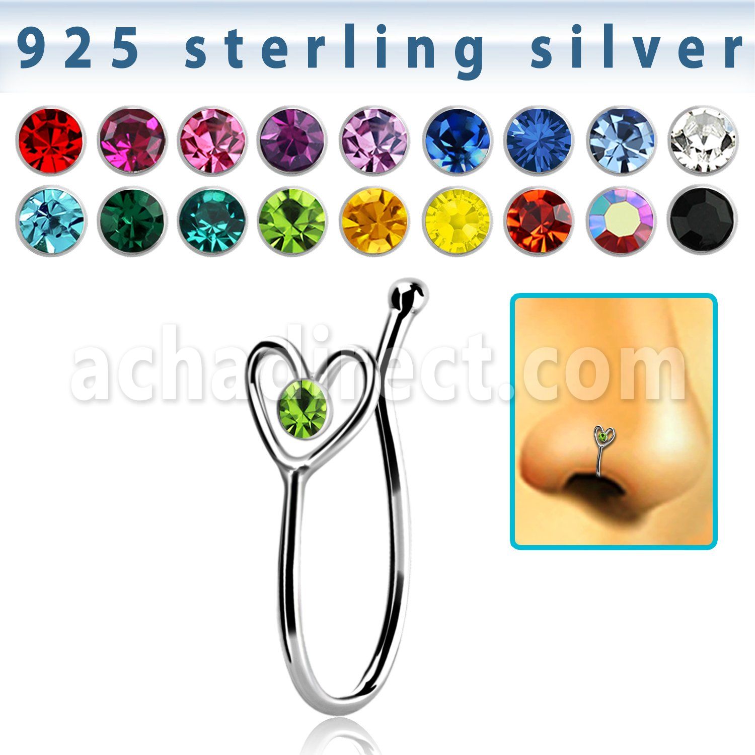 nvcl4 silver fake nose clip w wire heart w a central crystal