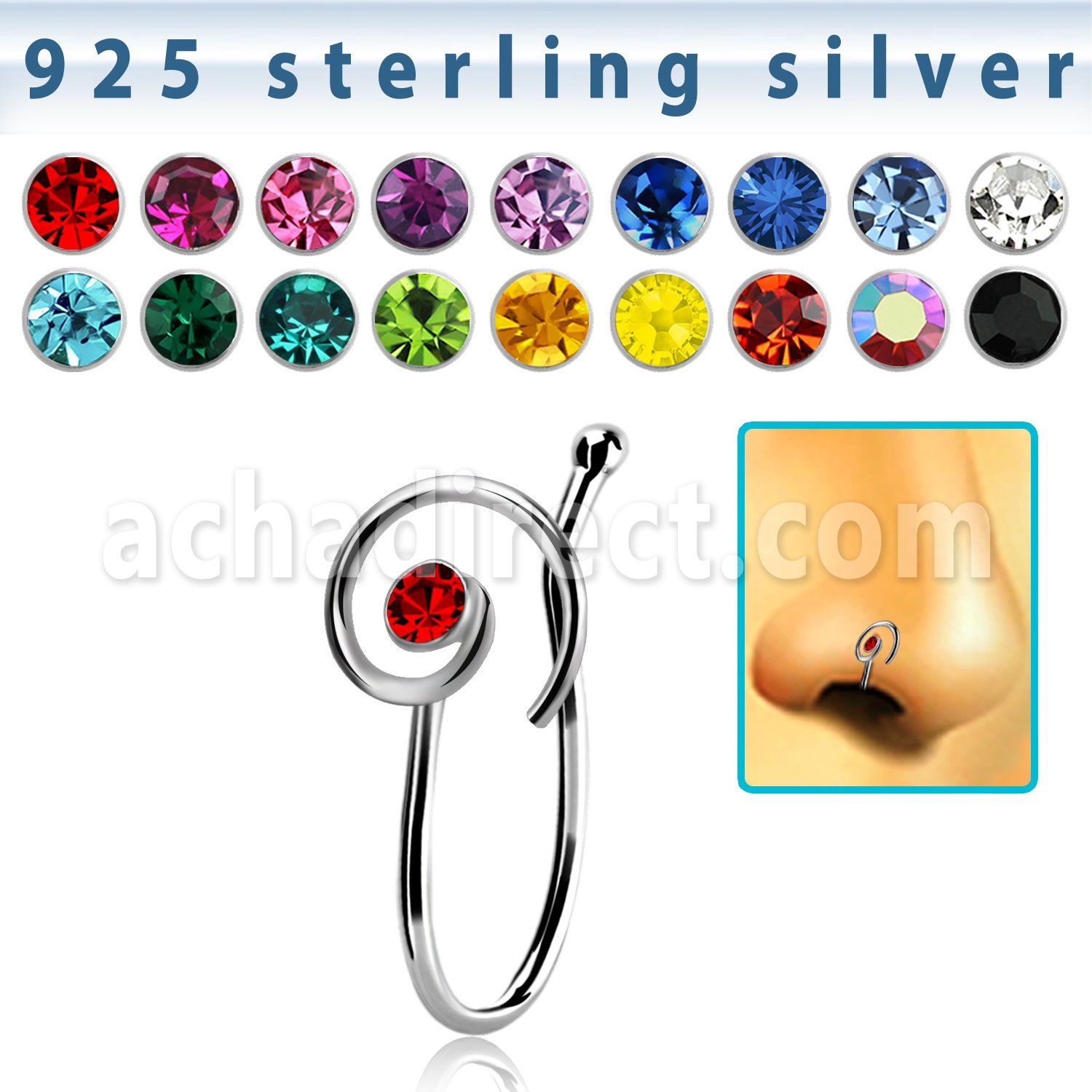 nvcl7 silver fake nose clip w a spiral top w central crystal