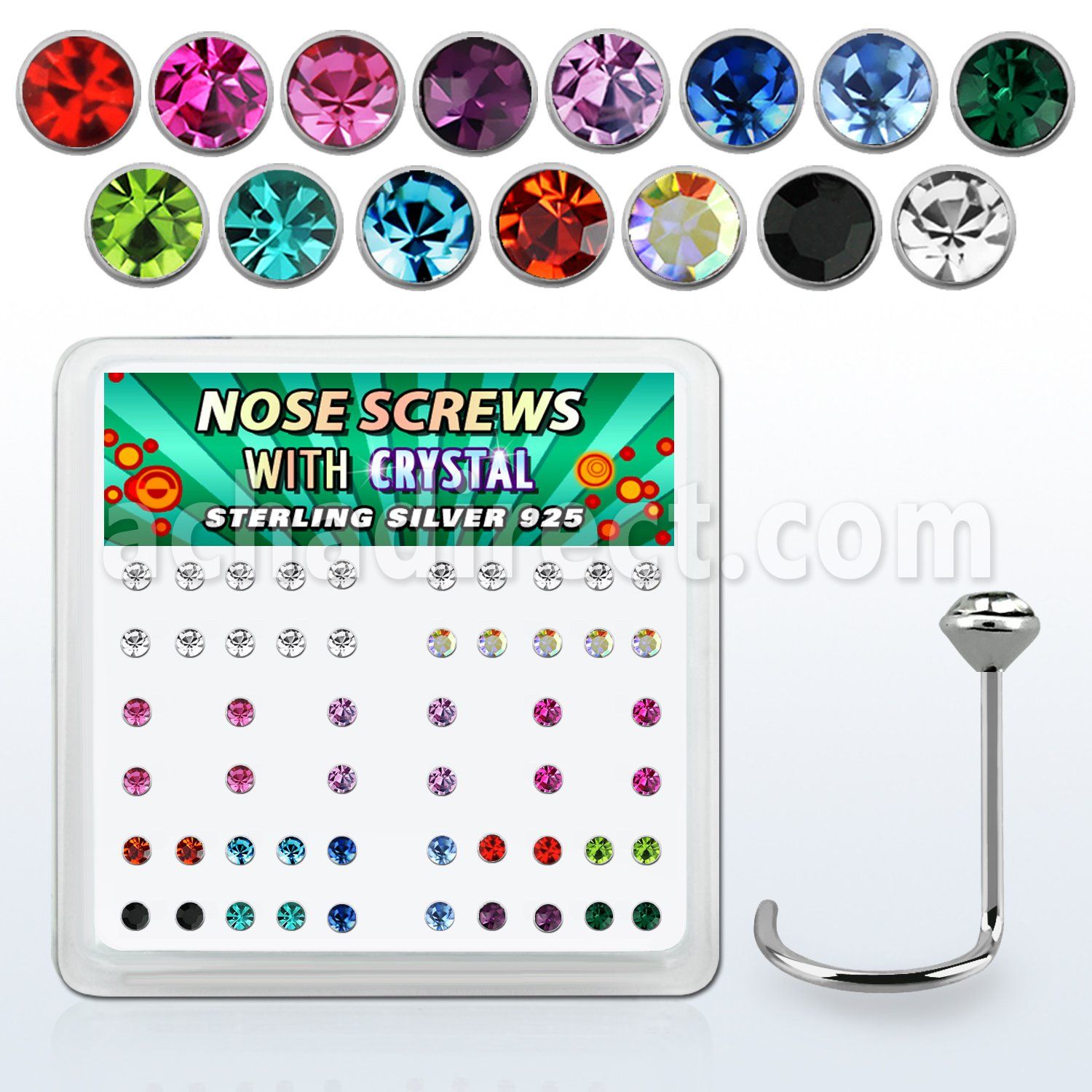 nw14mx box w 52 sterling silver nose screws w 2mm mix crystals