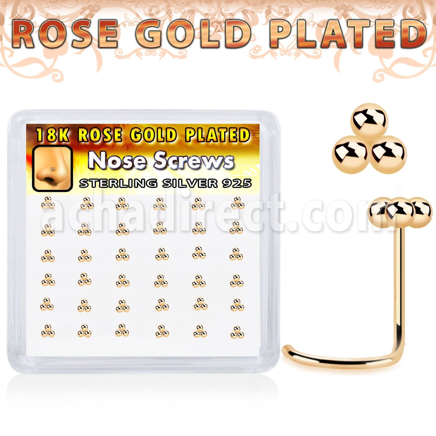 nwtsv36r rose gold plated silver nose screws triple balls