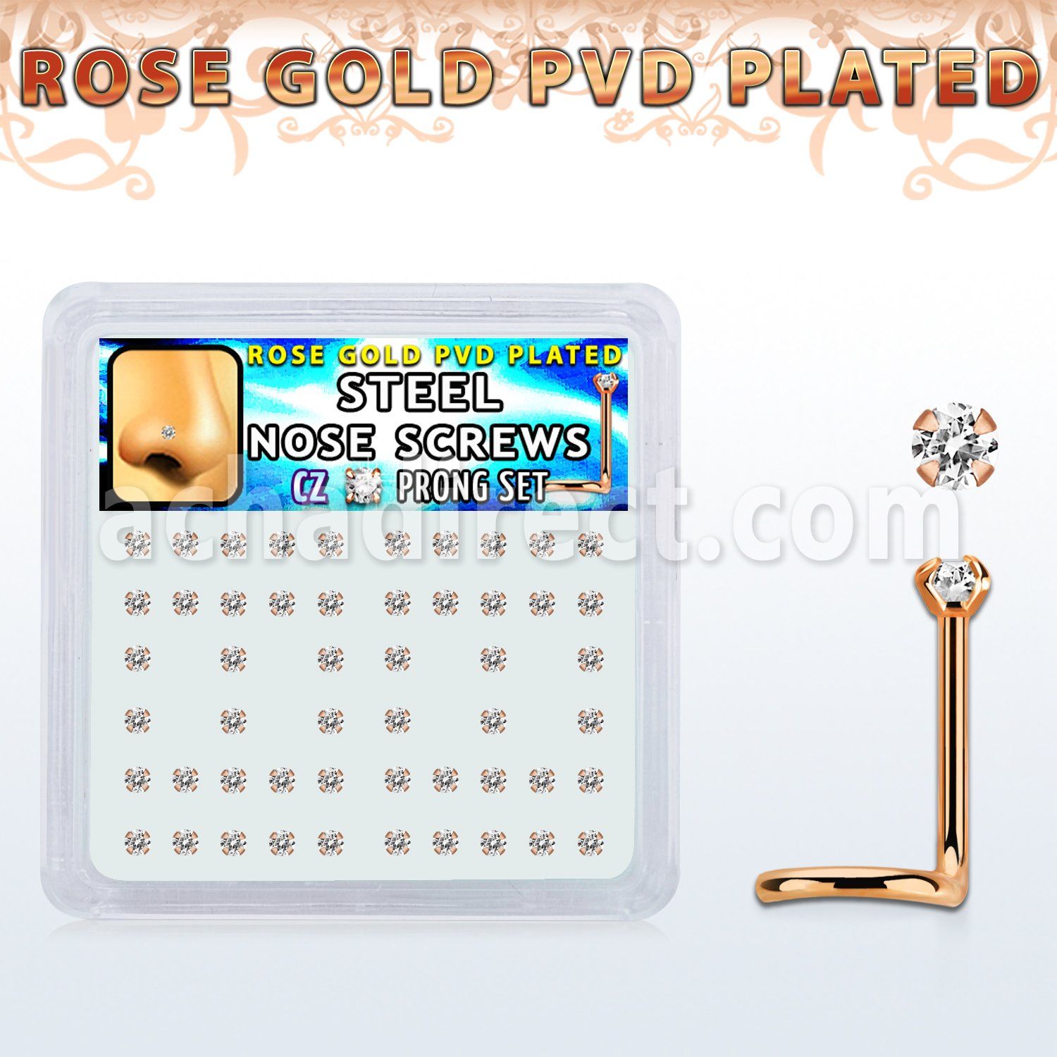 nwttz2xc box w rose gold steel nose screws w 2mm clear czs