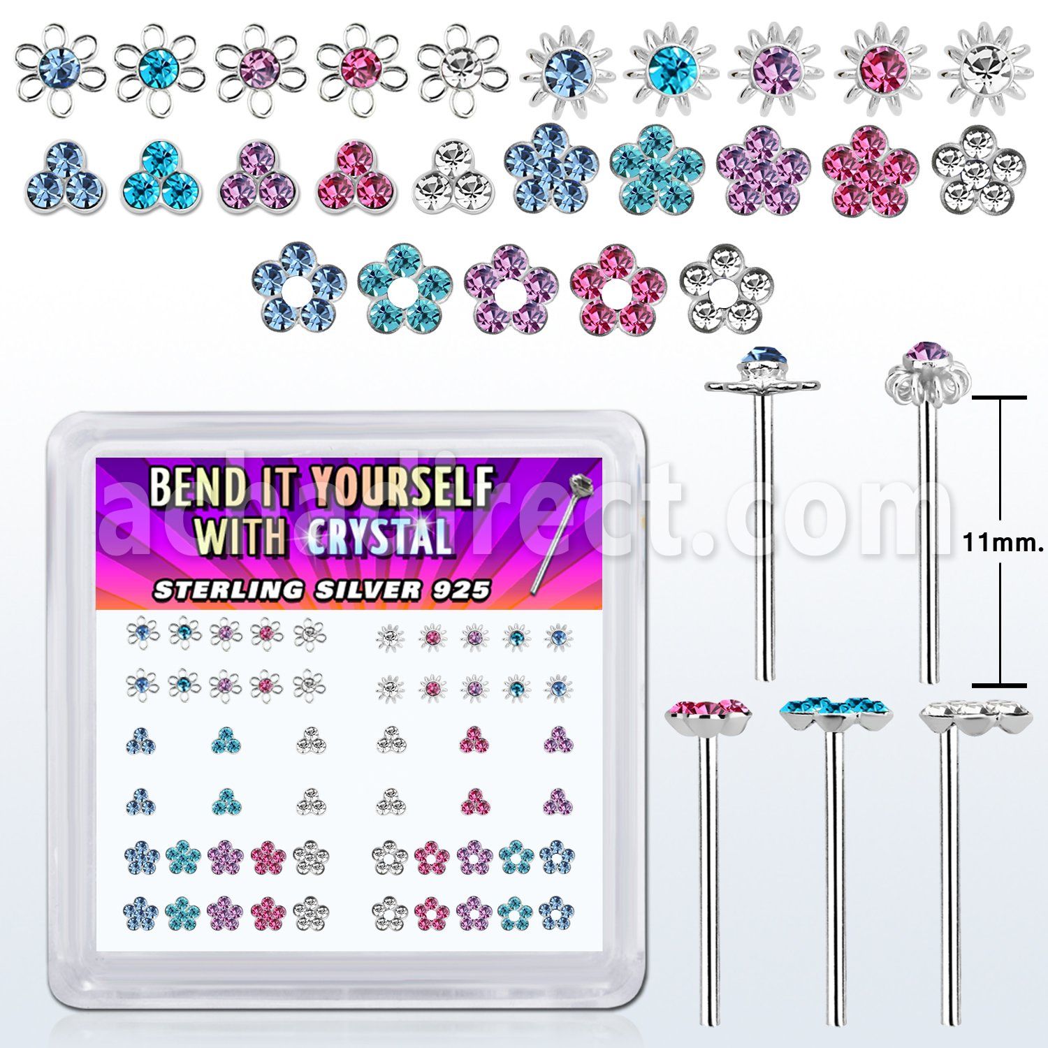 NYBXM7M box w 52 silver nose studs w flower crystal tops
