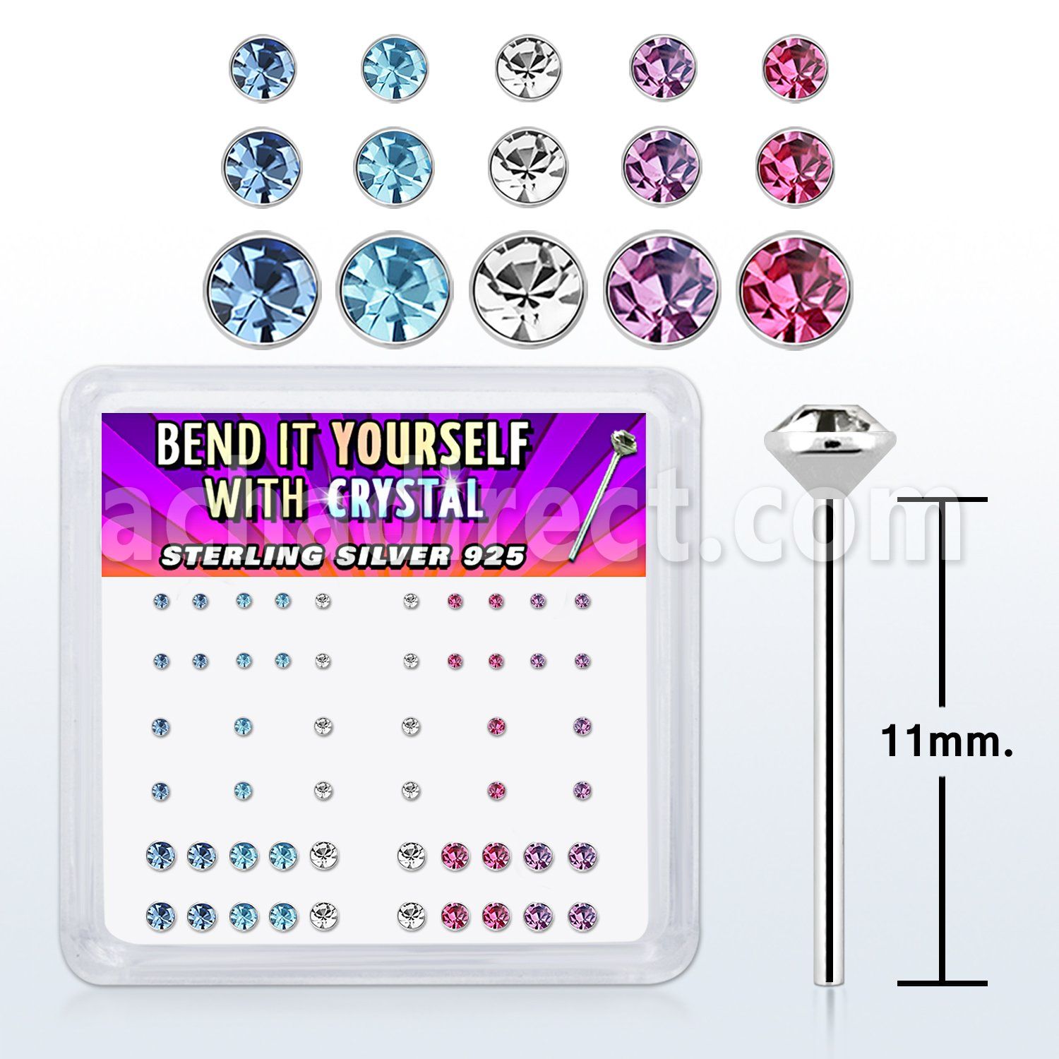 nybxmm2 silver bend it nose studs w 1 4 1 5 2 assorted crystals