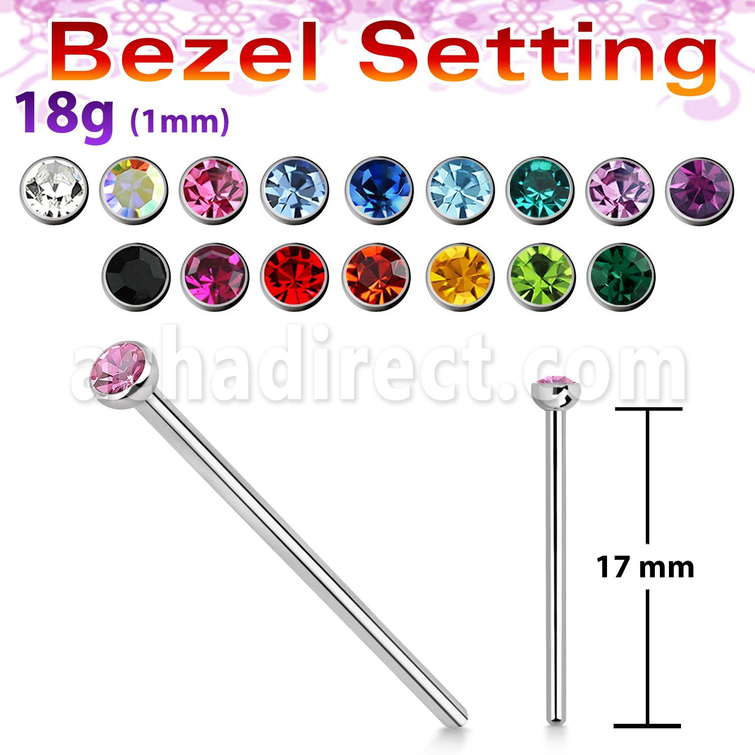 nycb2518 unbent steel nose stud, (1mm) with 2.5mm bezel set top