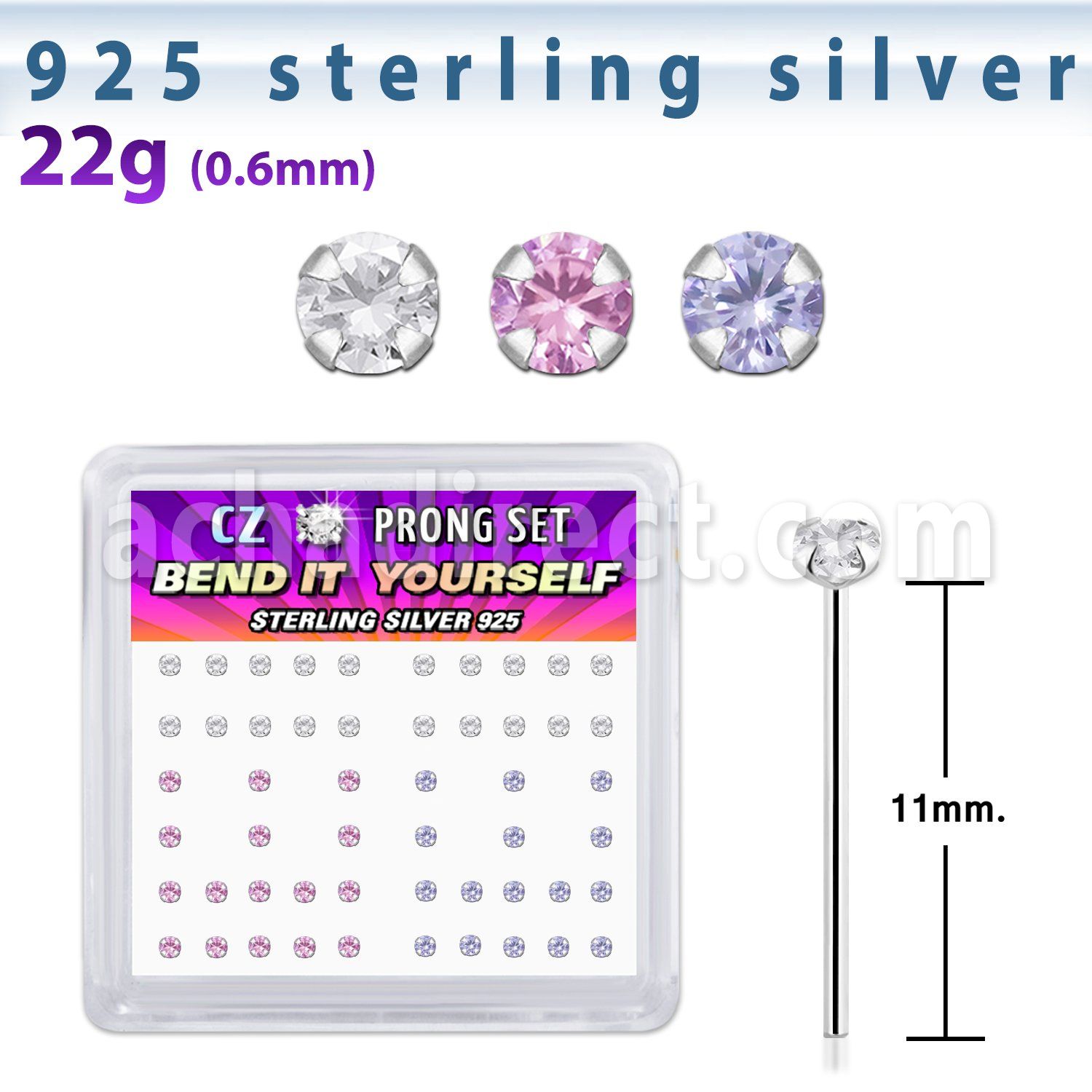 nyczbxm silver bend it nose studs w assorted color prong cz