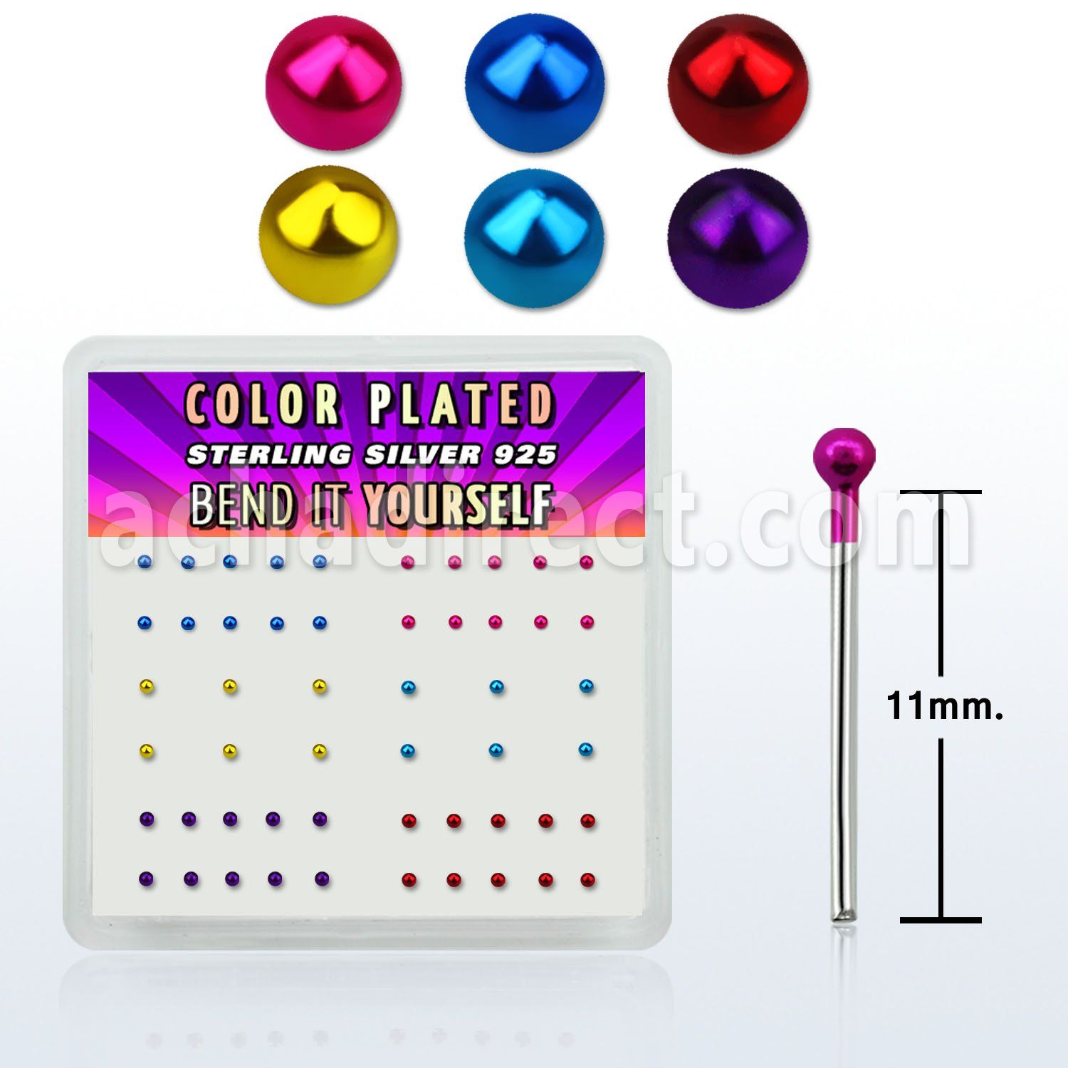 nymtbx1 box w silver bend it nose stud, w 1mm mix color ball top