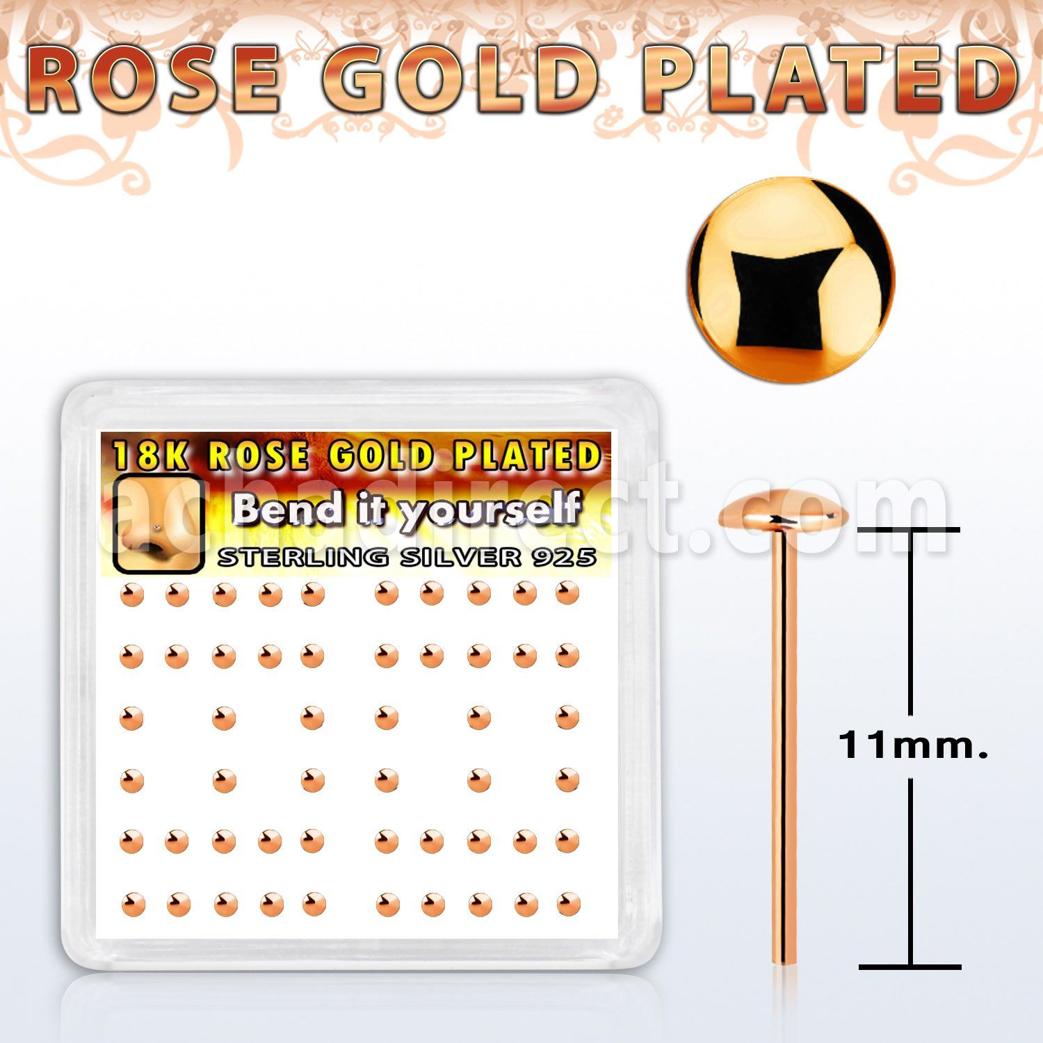 nymx3rs box w rose gold silver bend it nose studs 2mm flat top