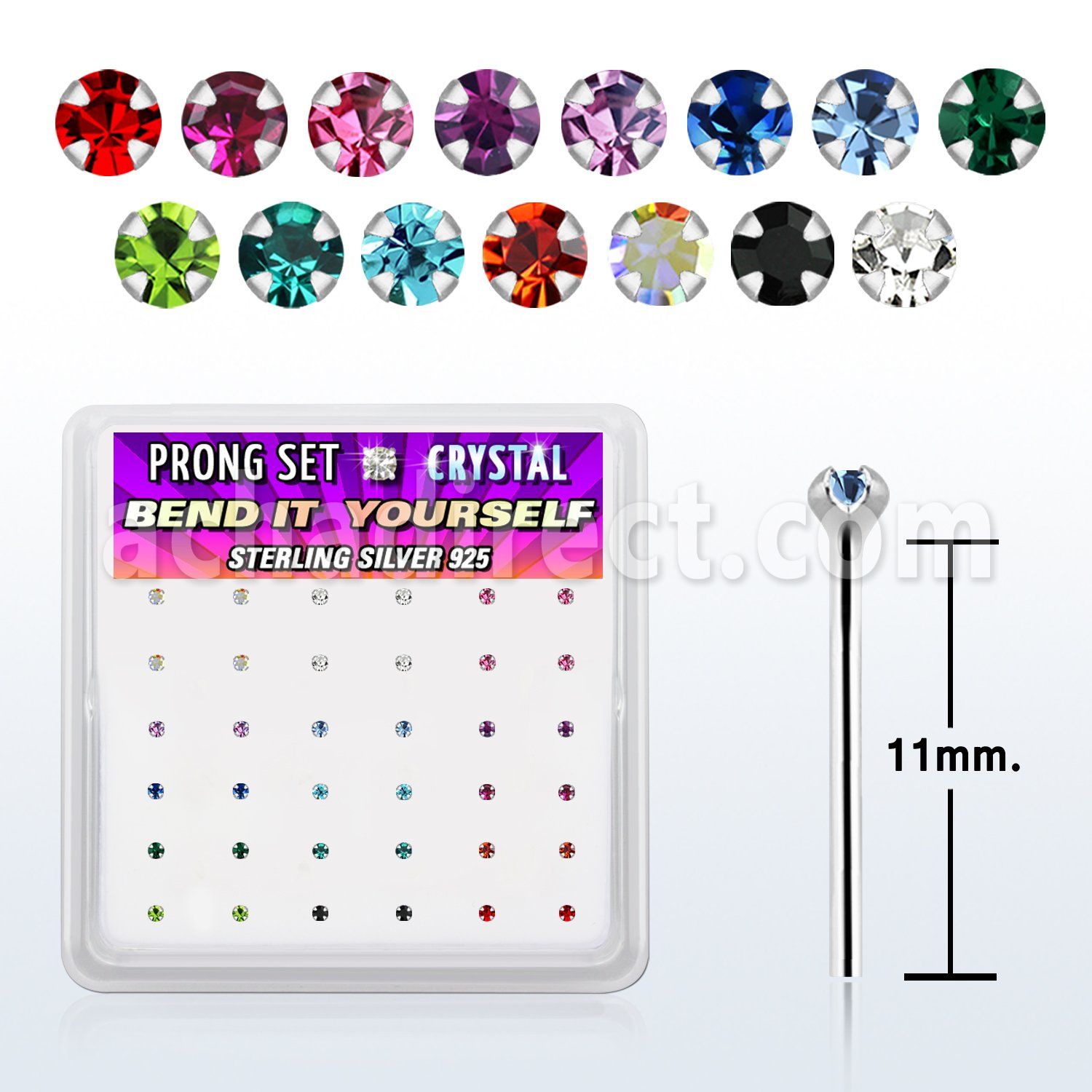 nyp9mbx box w silver bend it nose stud 20g 1.5mm color crystal