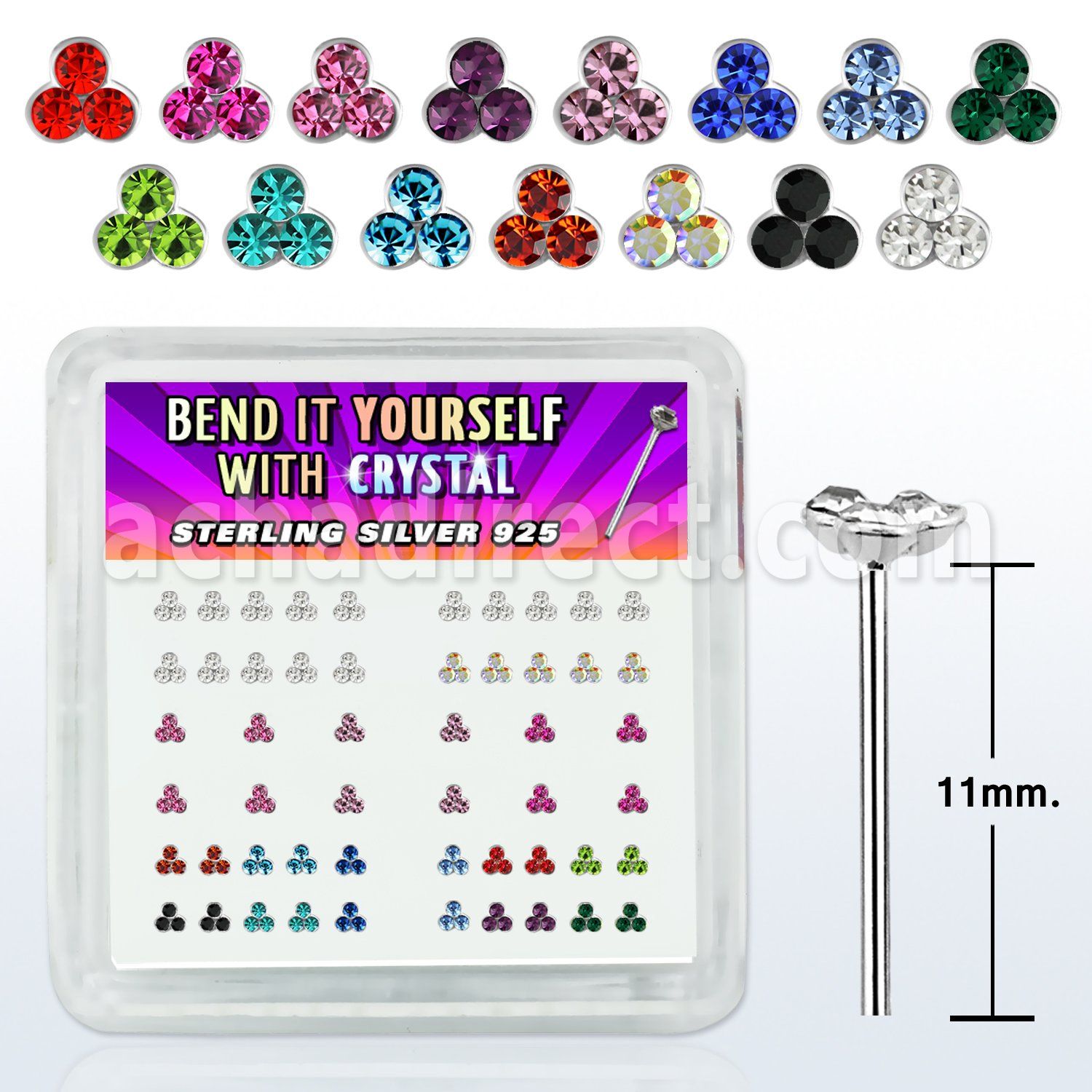 nytrm box 52 silver bend it nose studs w round tripple crystal