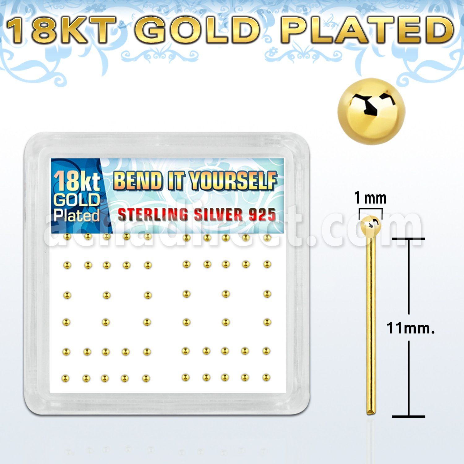 nyx18b1 box w 18k gold silver bend it nose stud w 1mm ball top