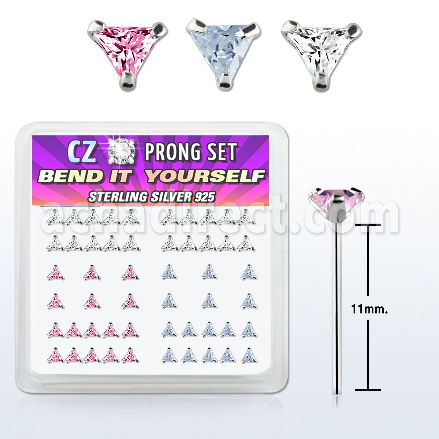 nyzbtm silver bend it nose studs with 3mm triangle prong cz