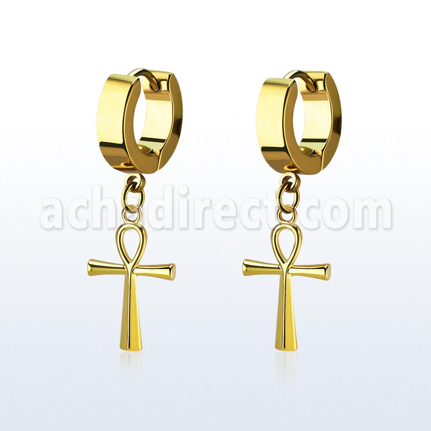 pair gold steel huggies earrings w dangling ankh cross 