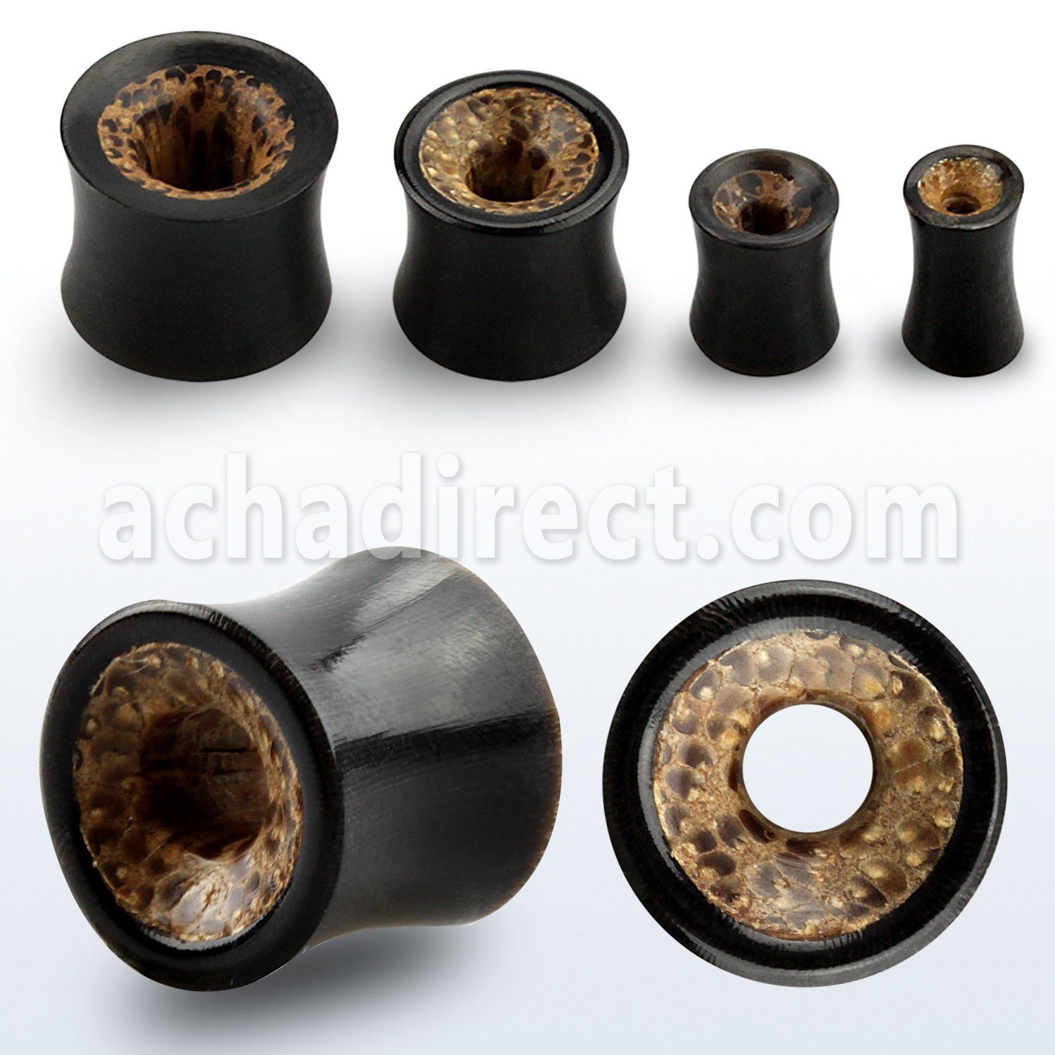 phbo double flared flesh tunnel w black horn coconut wood