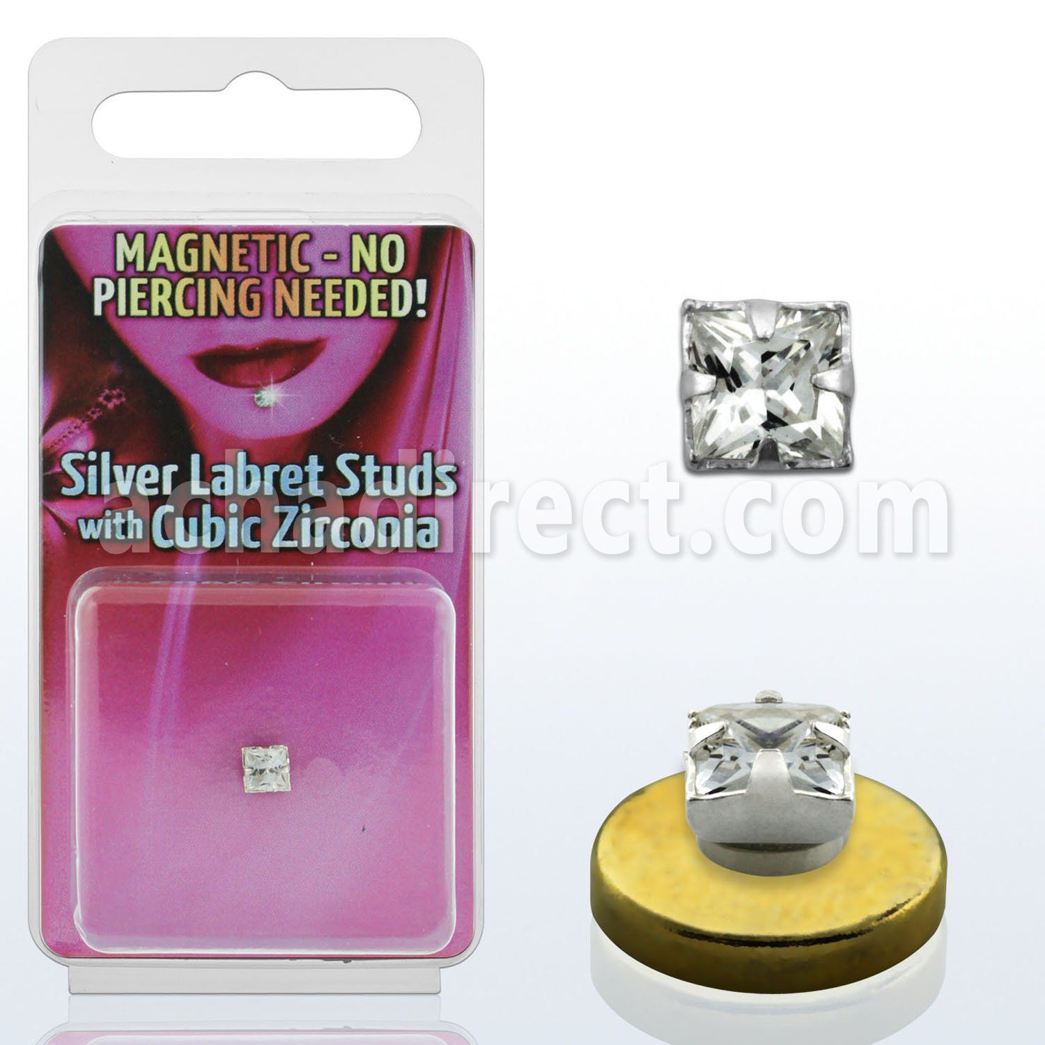 pkmq4 silver magnetic fake labret stud with clear prong cz