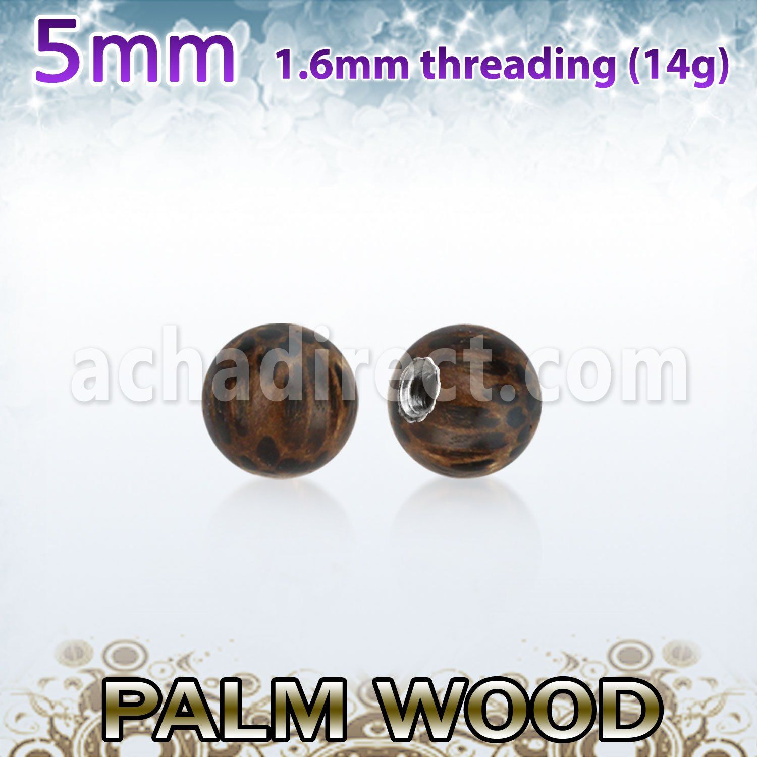 plball5 5mm palm wood ball with a 316l steel 1.6mm threading