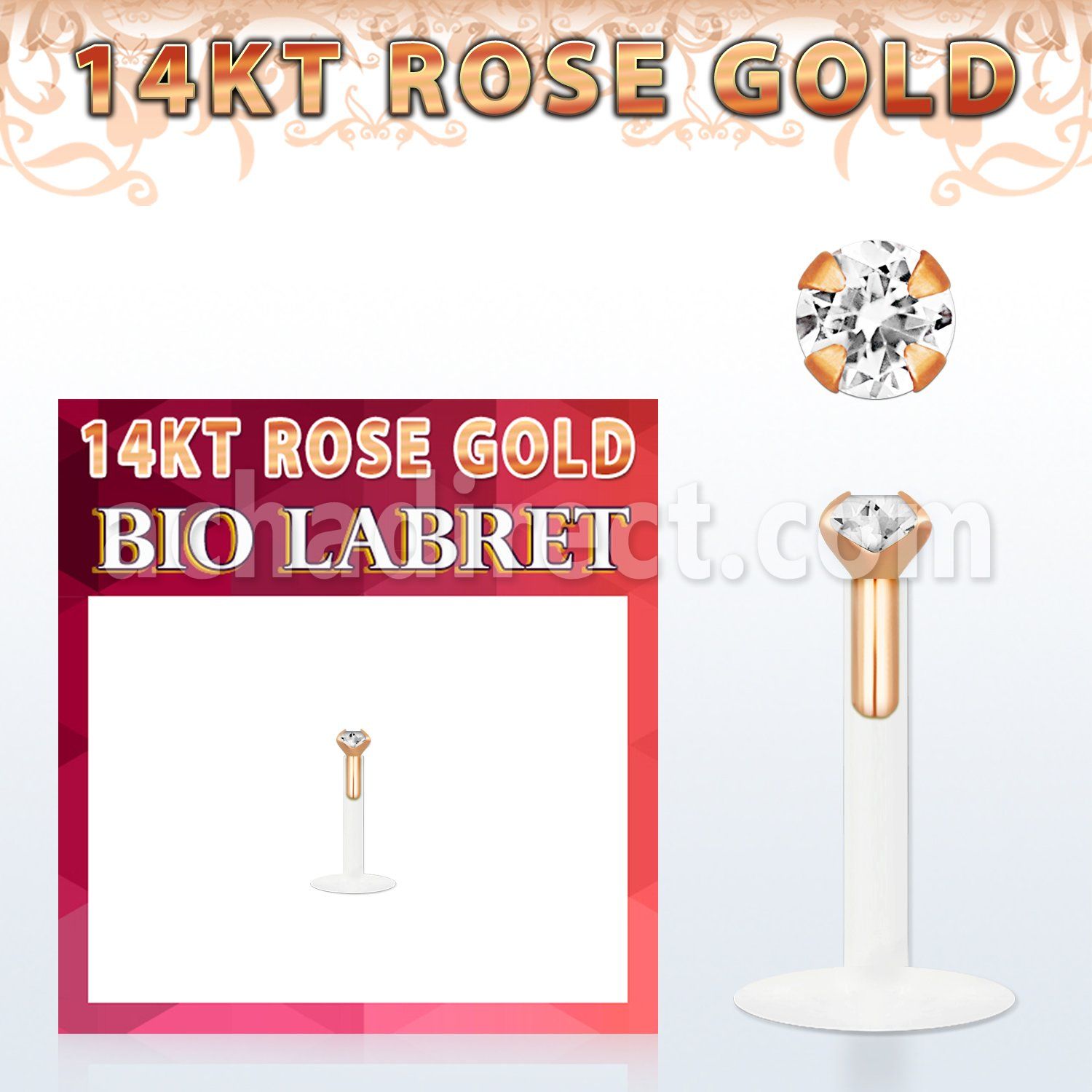 rbilzc bio flex labret w push in 14k rose gold top w round cz
