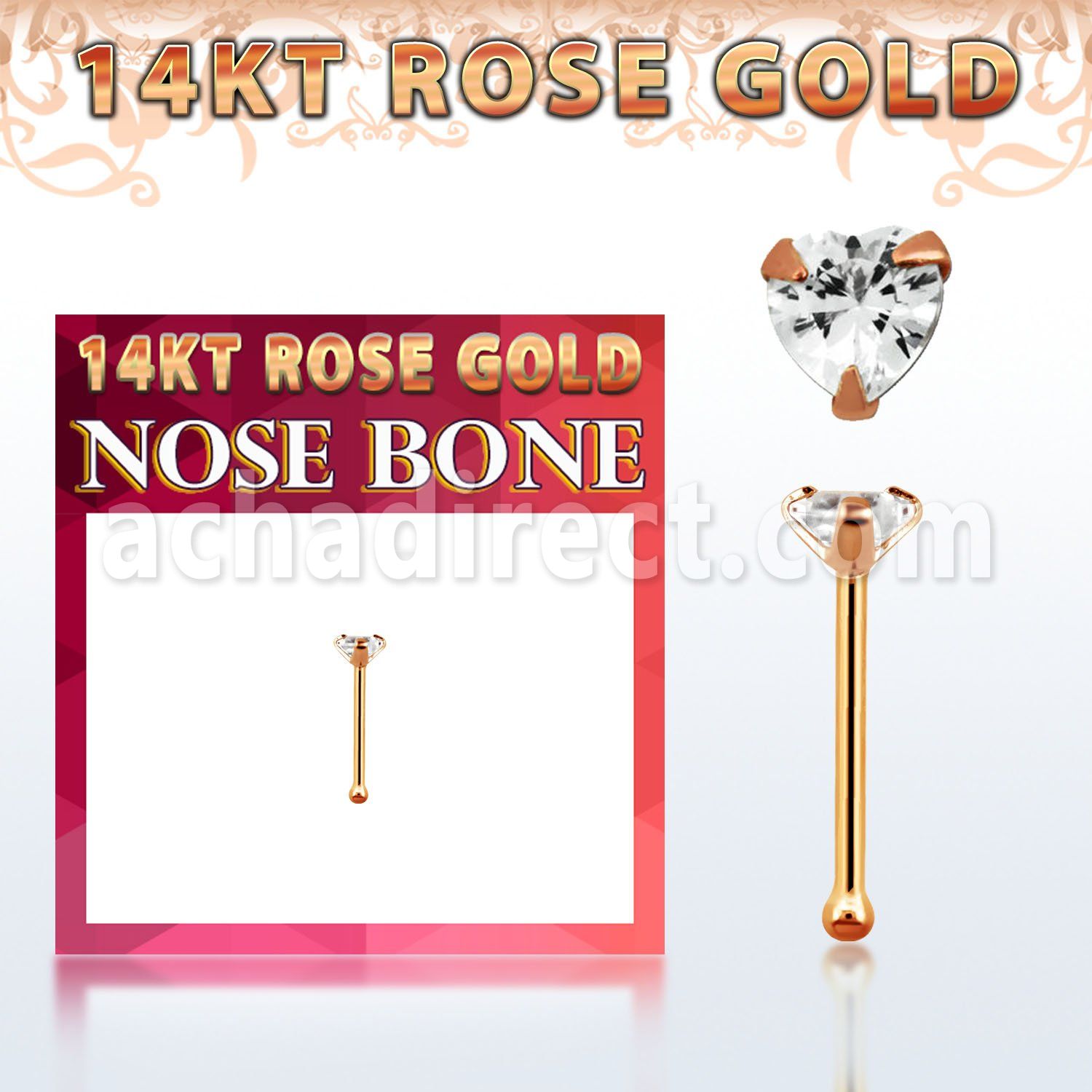 rnbhc1 14kt rose gold nose bone w a 3mm heart shaped cz
