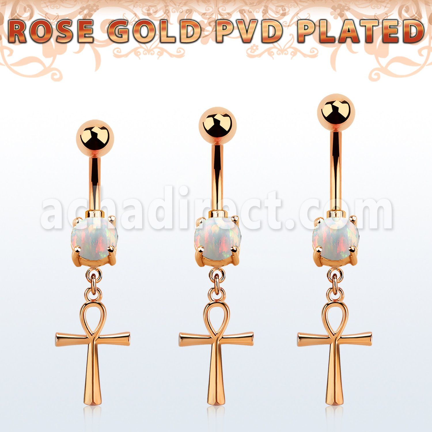rose gold steel belly banana  opal & ankh cross 