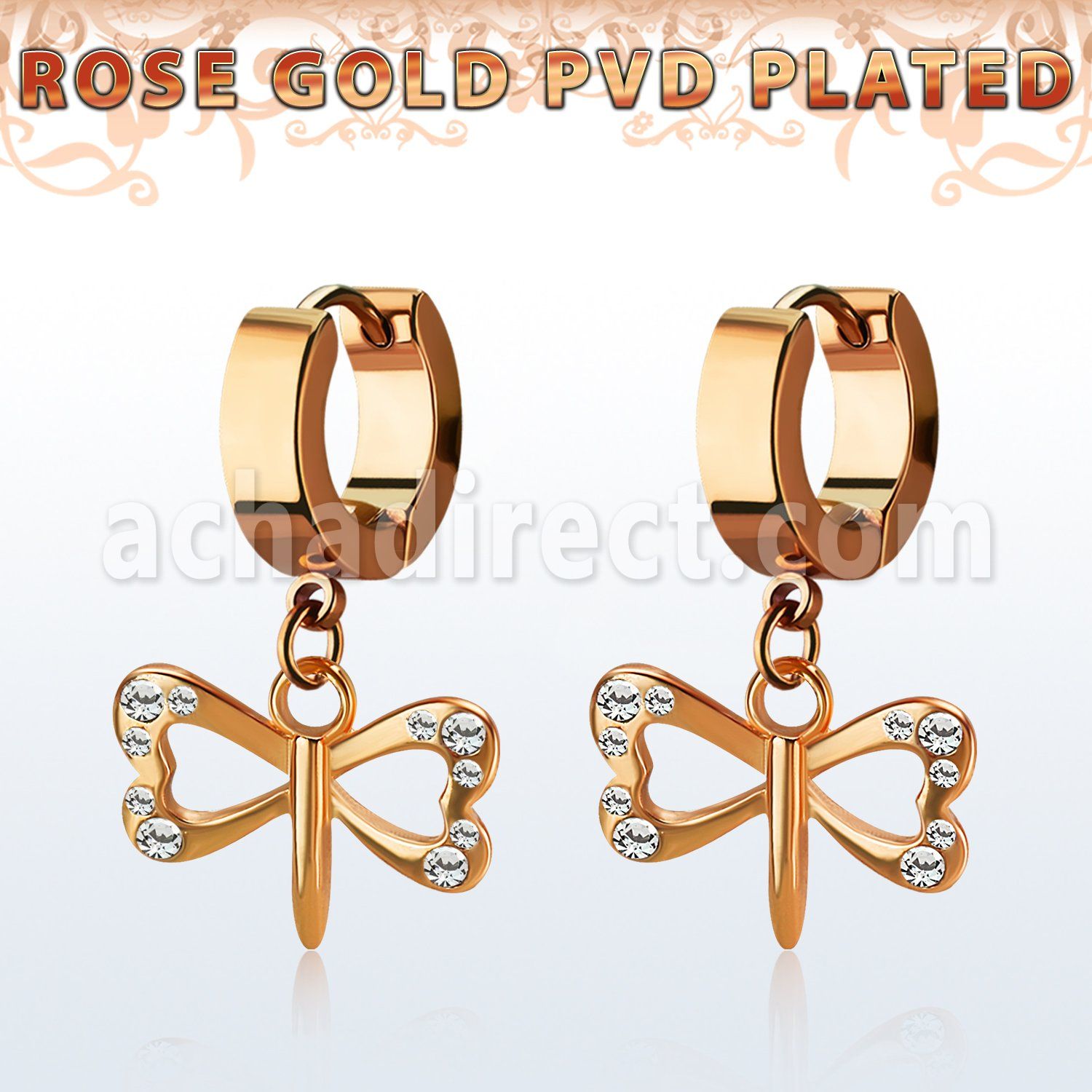 rose gold steel earring w dangling small dragonfly