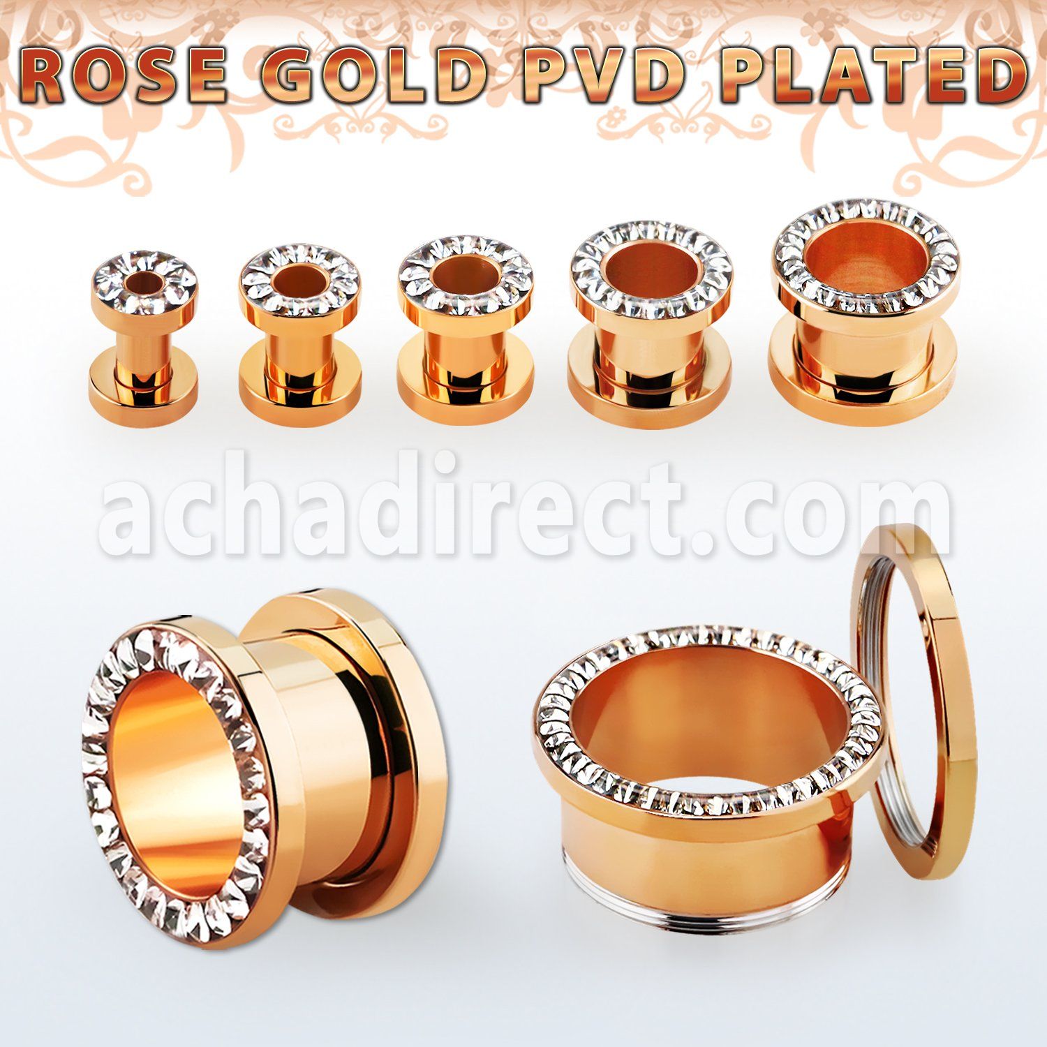 rose gold steel flesh tunnel w crystal studded rim