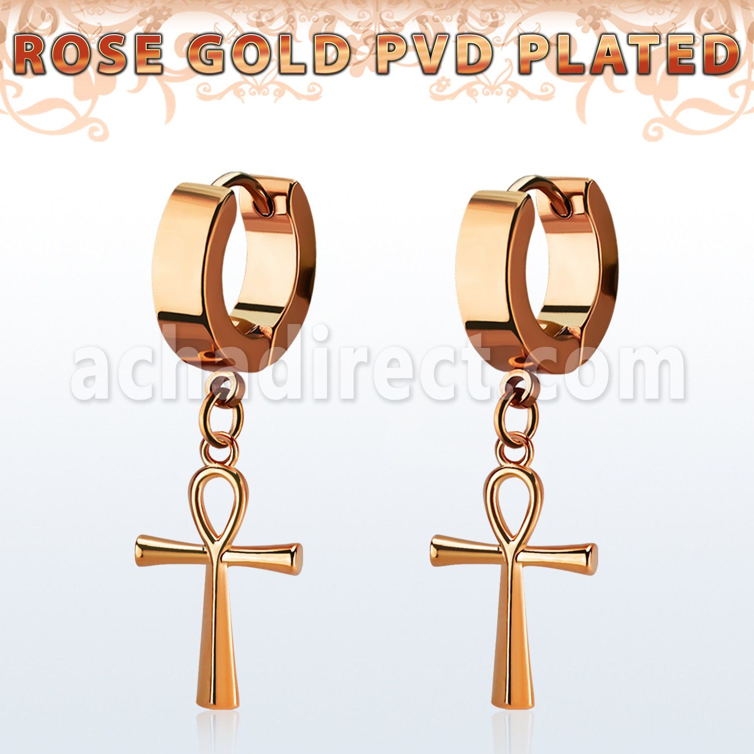 rose gold steel huggie earring w a dangling ankh cross 