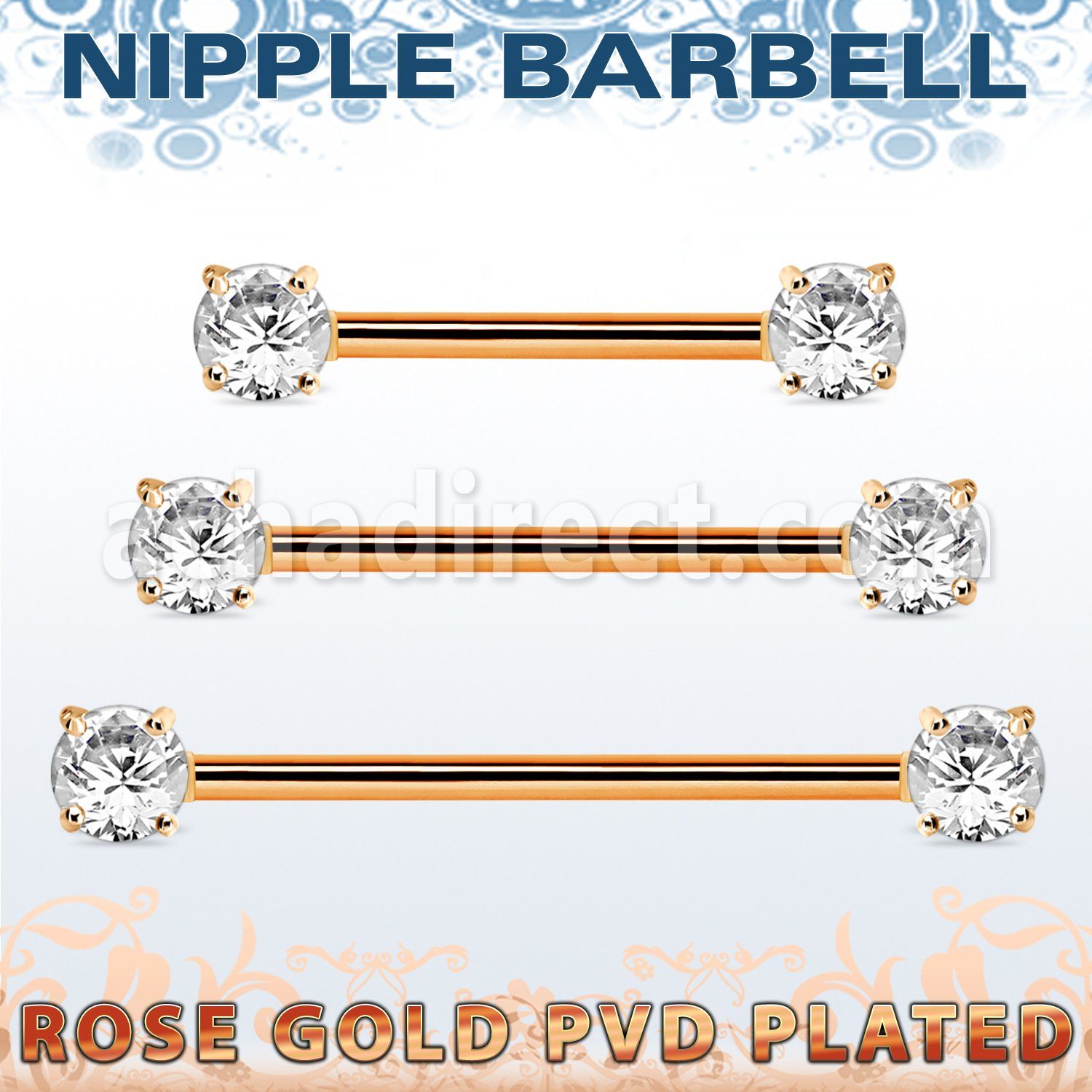 rose gold steel nipple barbell w prong set round czs