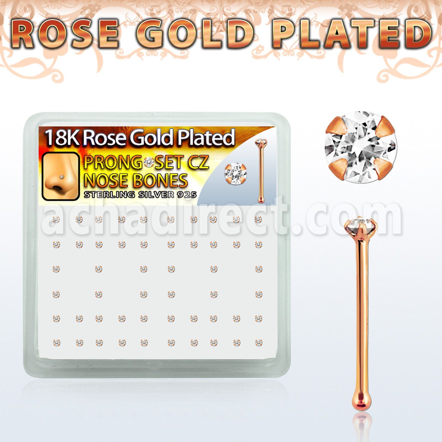 rsbz12xc box w rose gold plated silver nose bone w 1 25mm cz top