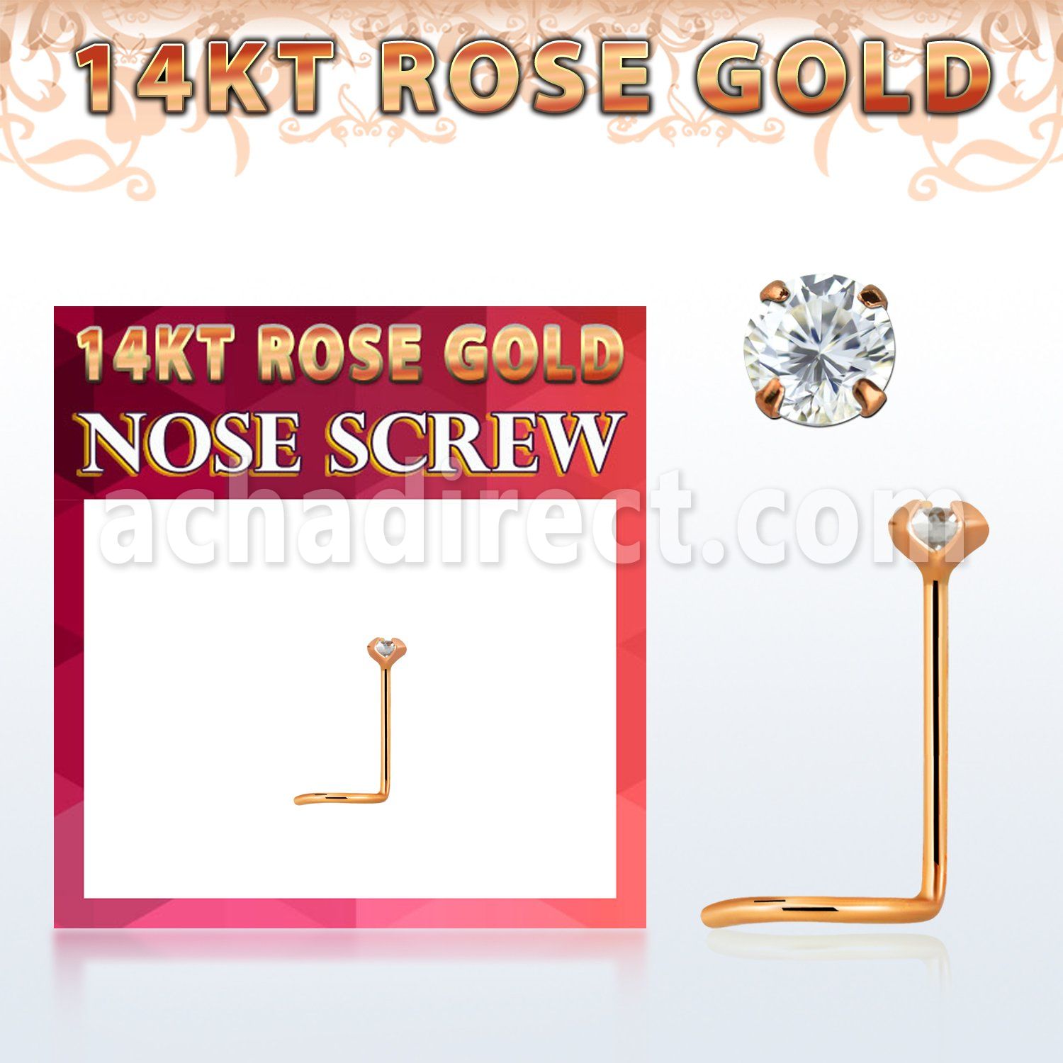 rszc1 14kt rose gold nose screw w a 2mm round prong set cz