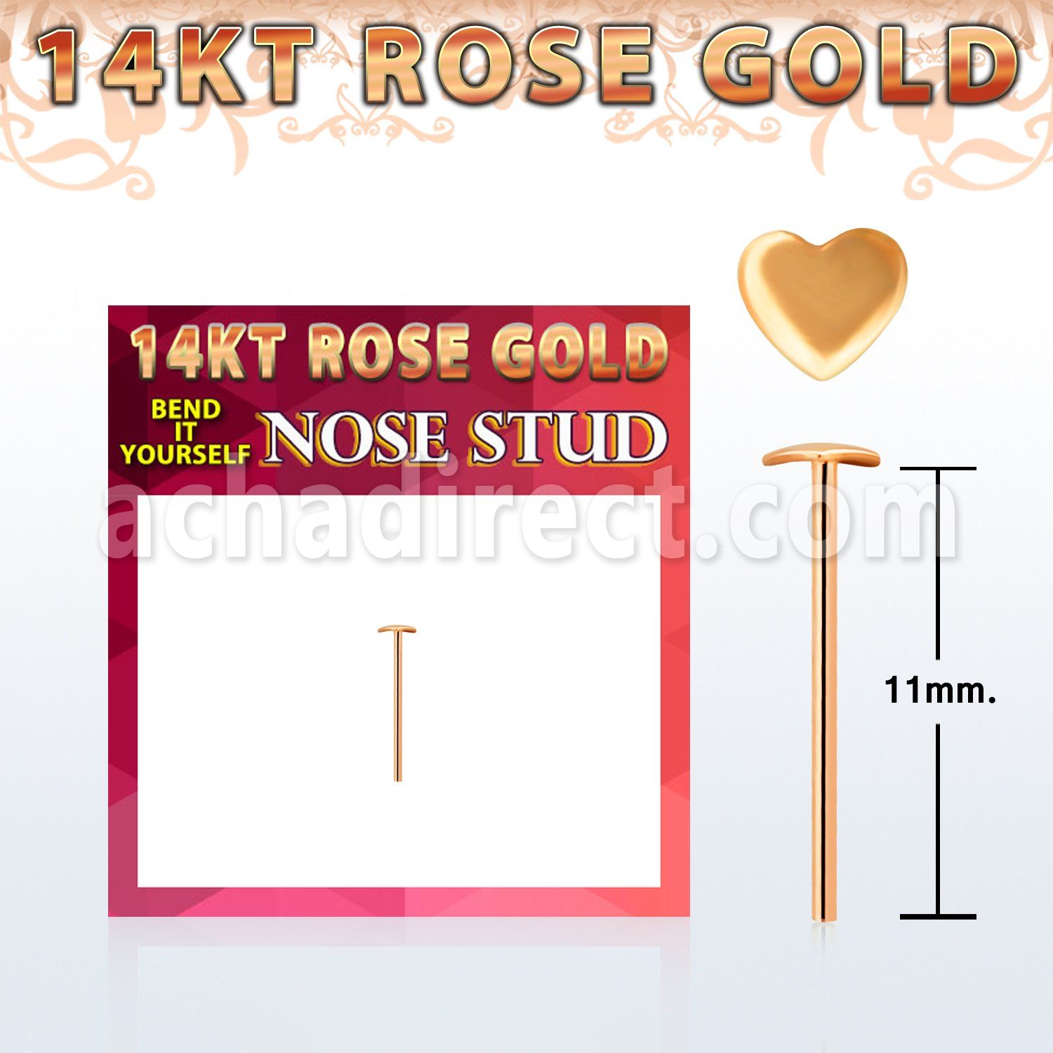 rysht 14kt rose gold bend it nose stud 2.5mm heart shaped top