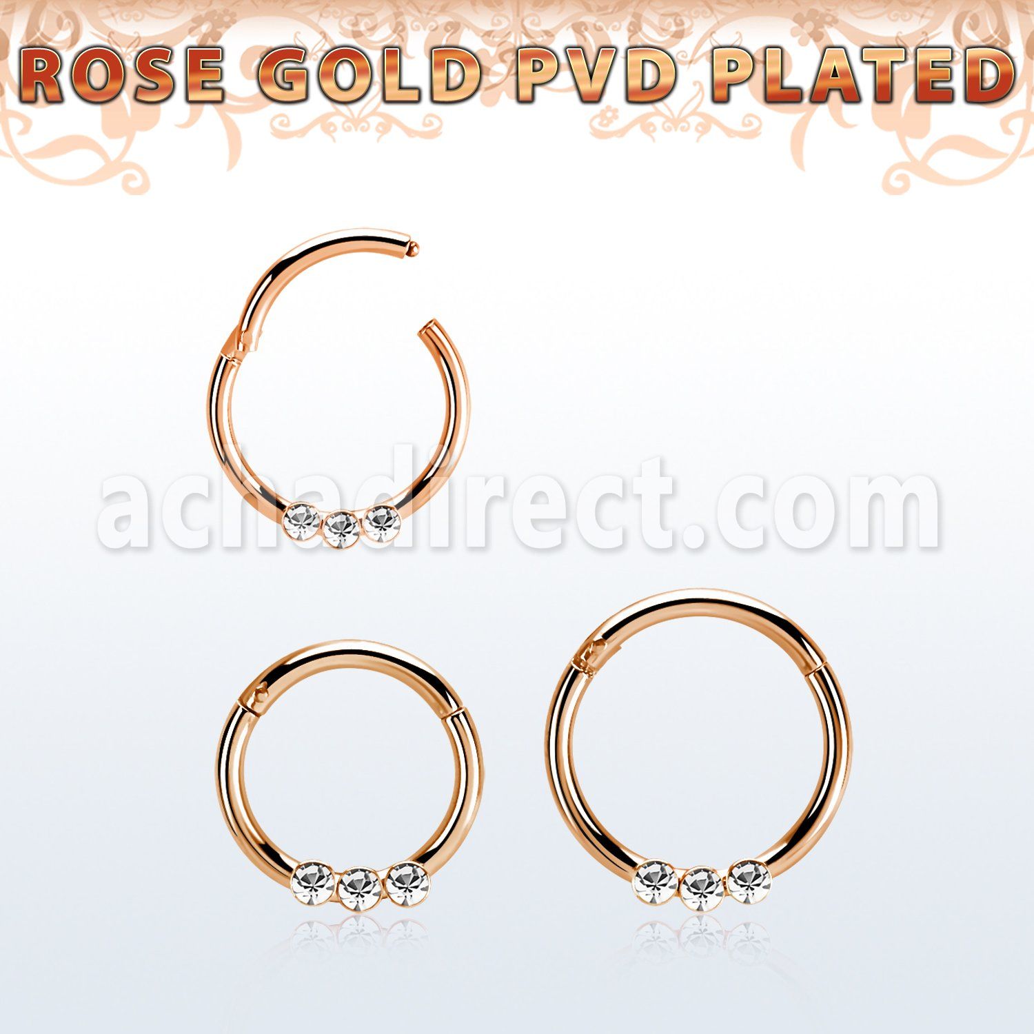 seghr16e rose gold steel hinged segment ring 16g w small crystals