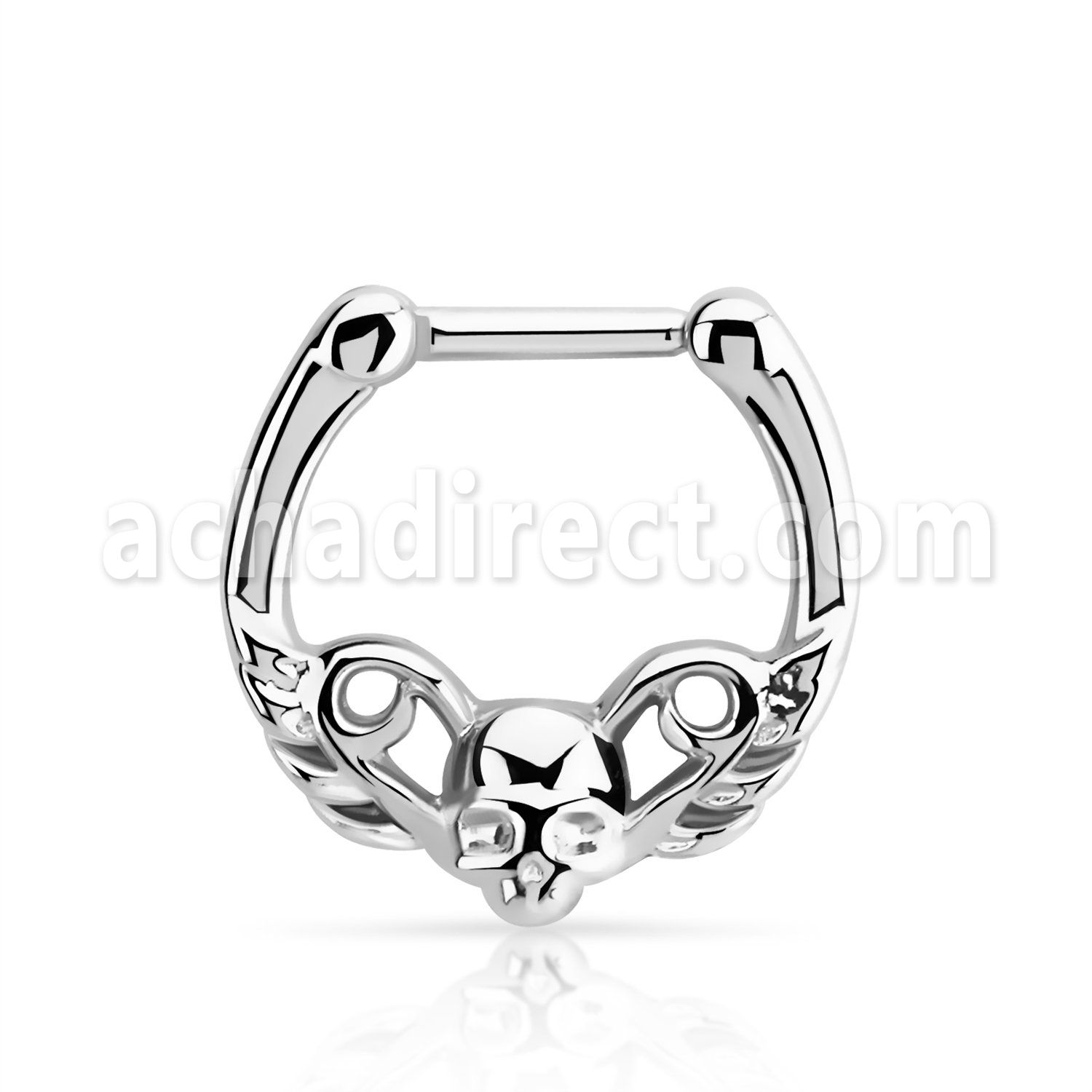 sepy16 high polished 316l steel septum clicker w a skull design