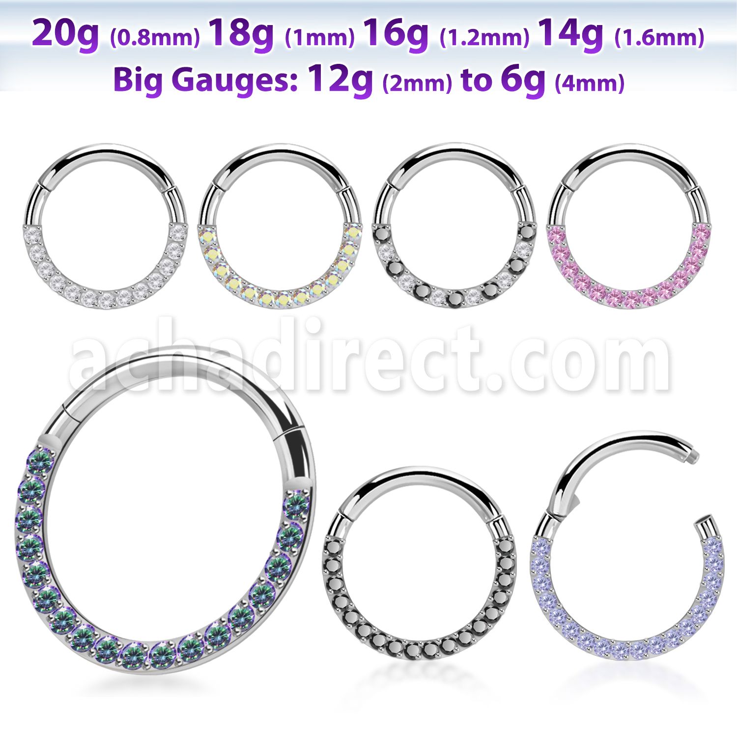 sgsh11 316l steel hinged segment ring cz stones at side