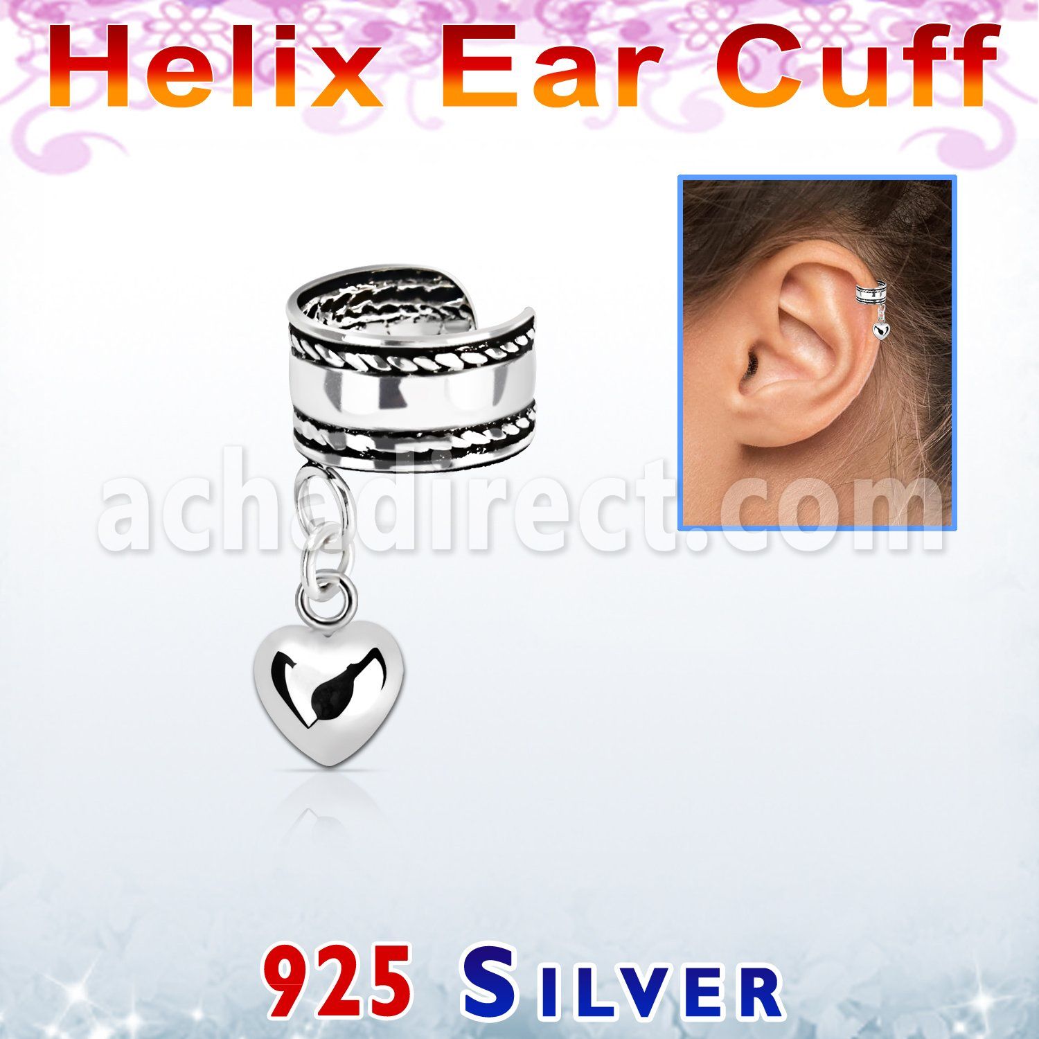 silver helix ear cuff w a rope edge w a heart dangling 