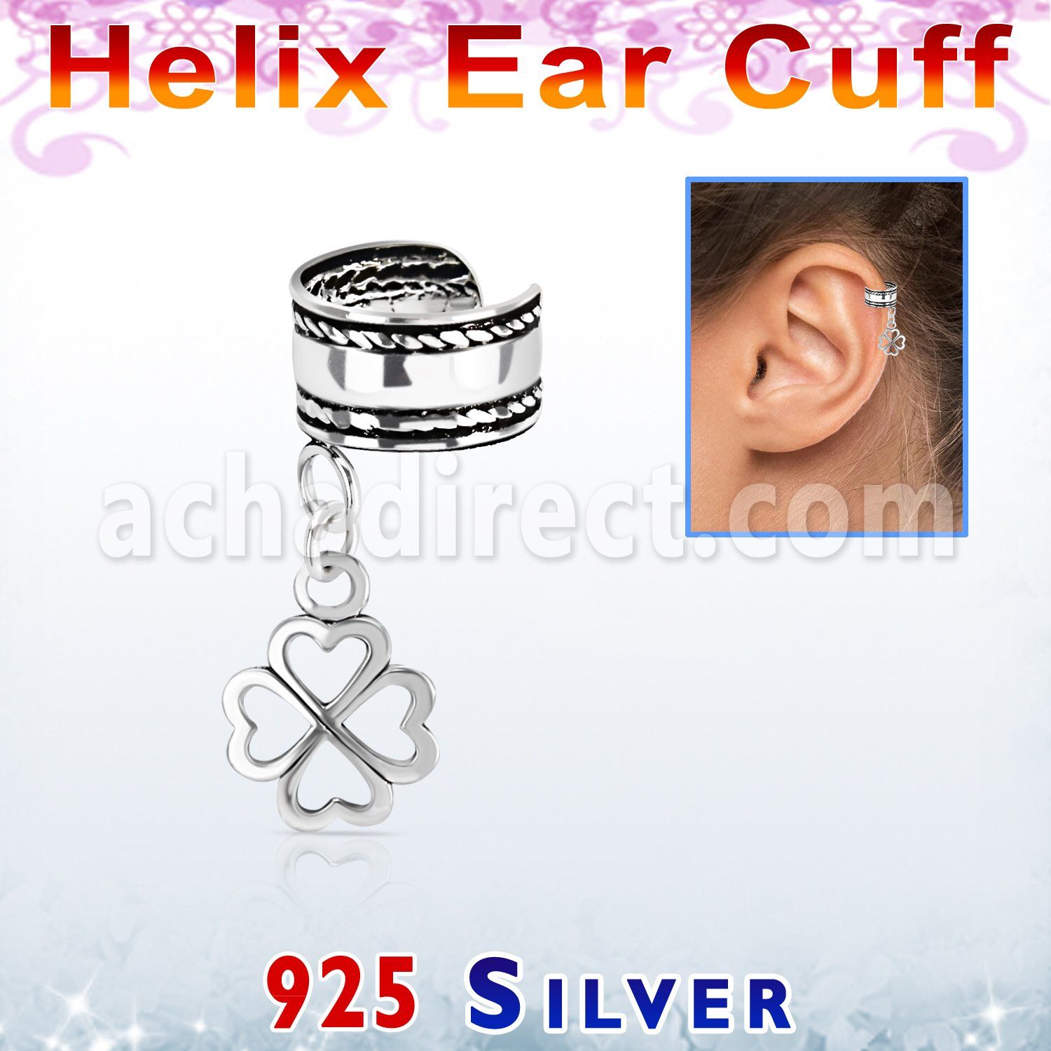 silver helix ear cuff w a rope edge w shamrock dangling  