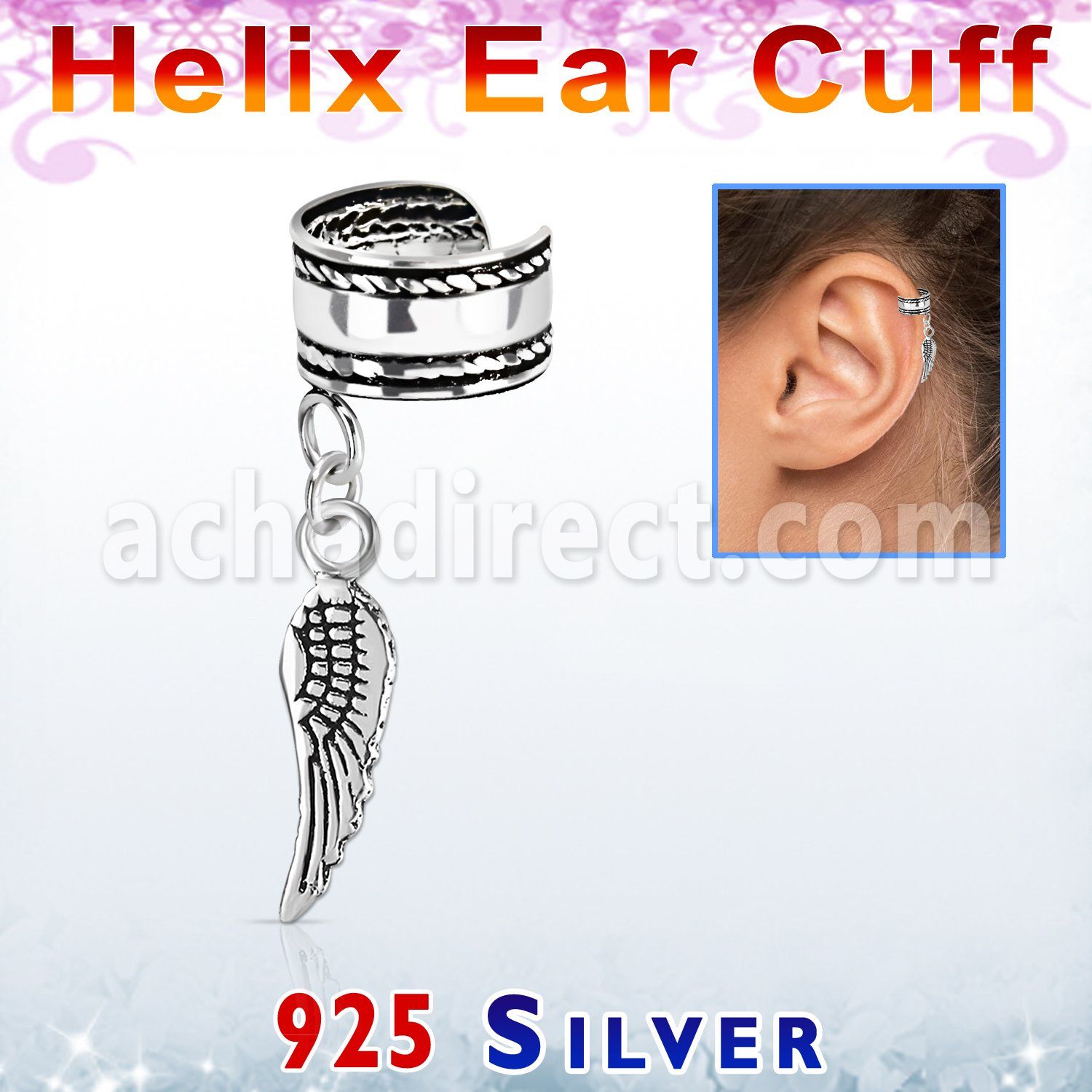 silver helix ear cuff w rope edge w bird wing dangling