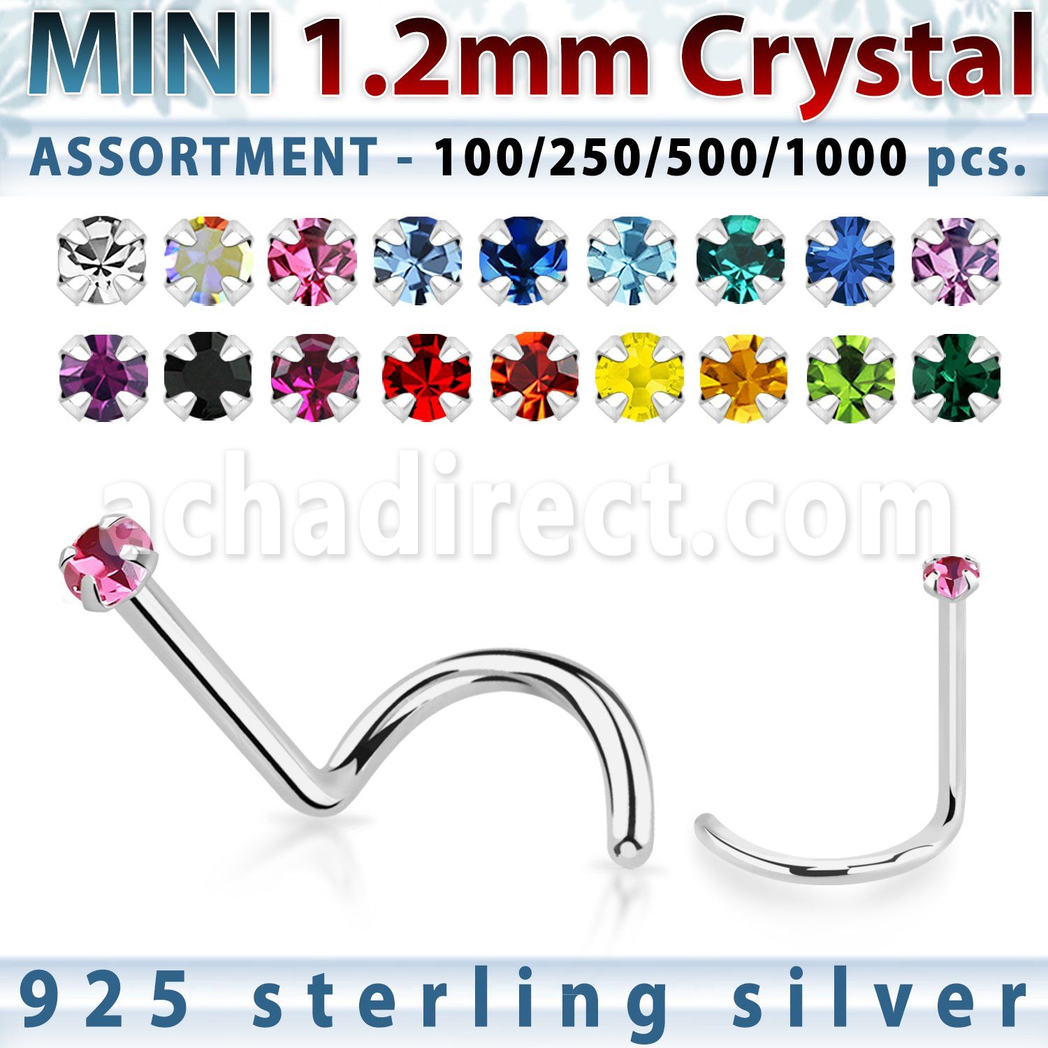 silver nose screw bulk w mini 1.2mm prong set crystals
