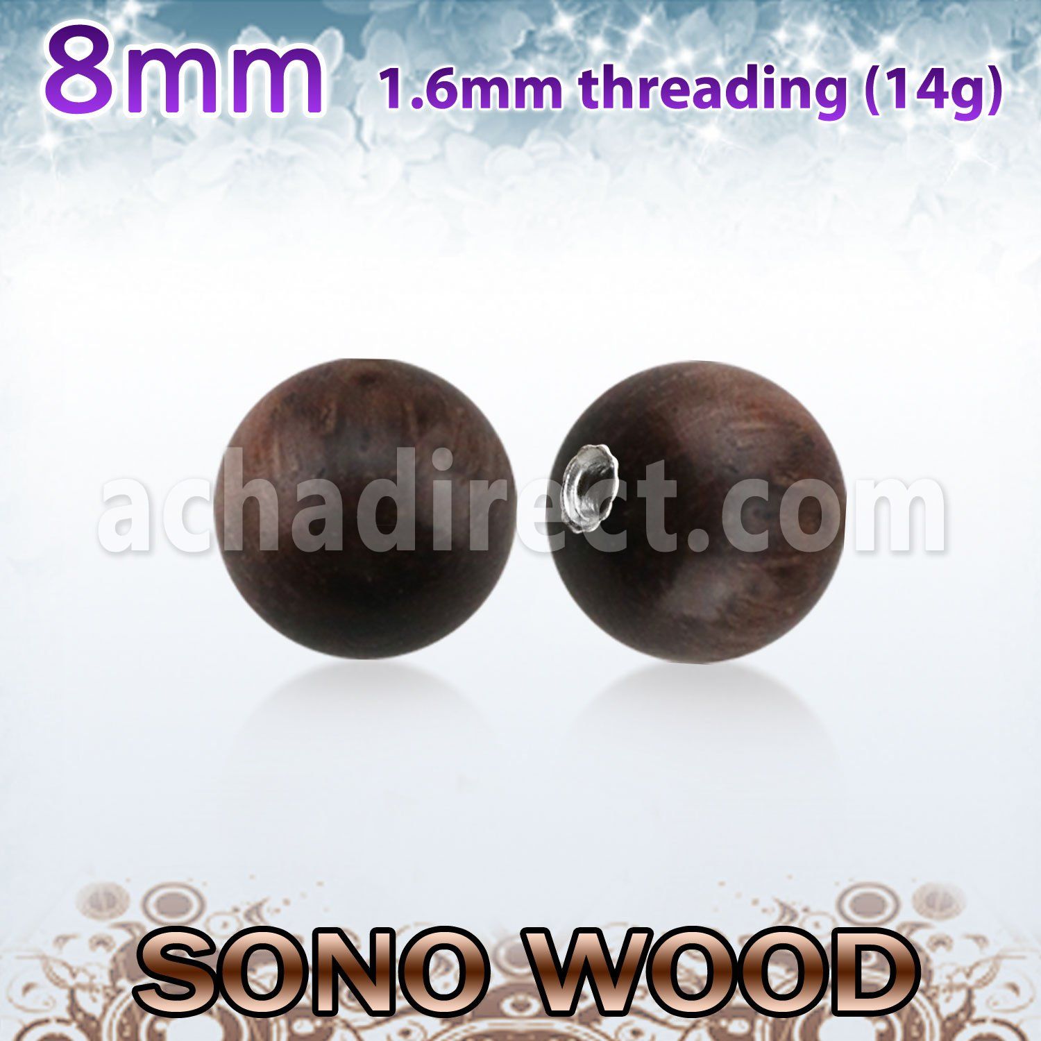 snball8 8mm sono wood ball with a 316l steel 1.6mm threading