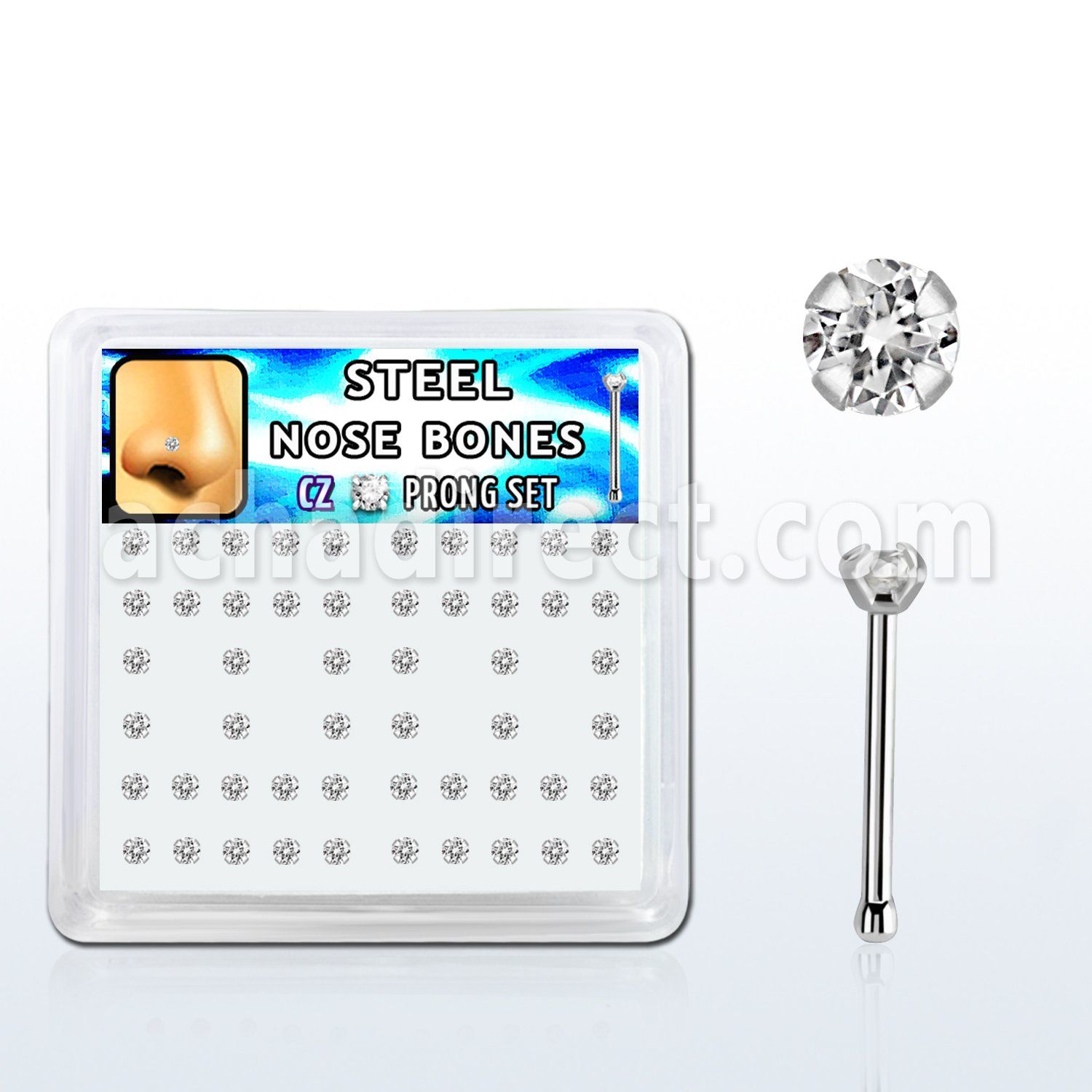 snbz2xc box w 316l steel nose bones, 20g w prong set 2mm cz