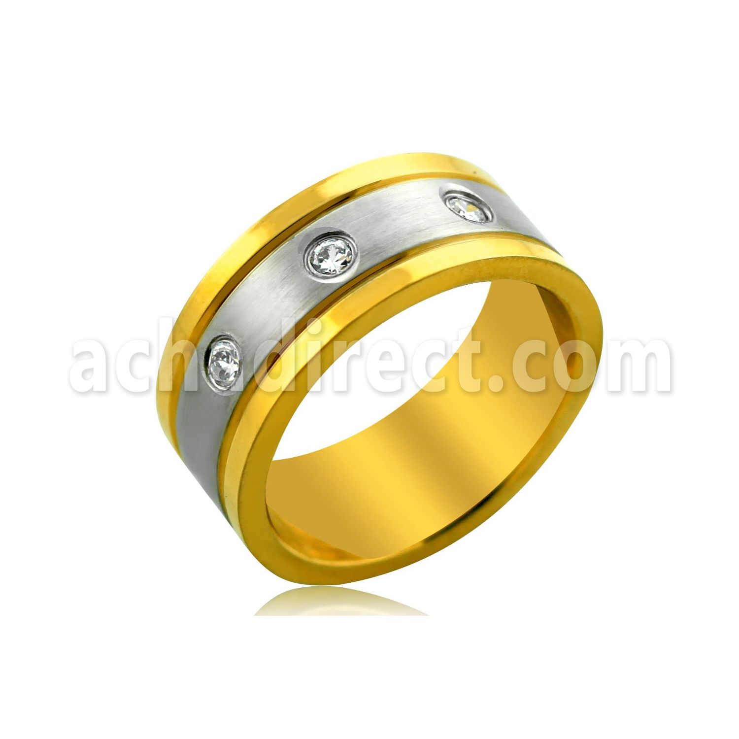 srcz50 stainless steel ring w gold edges 3 clear czs stones