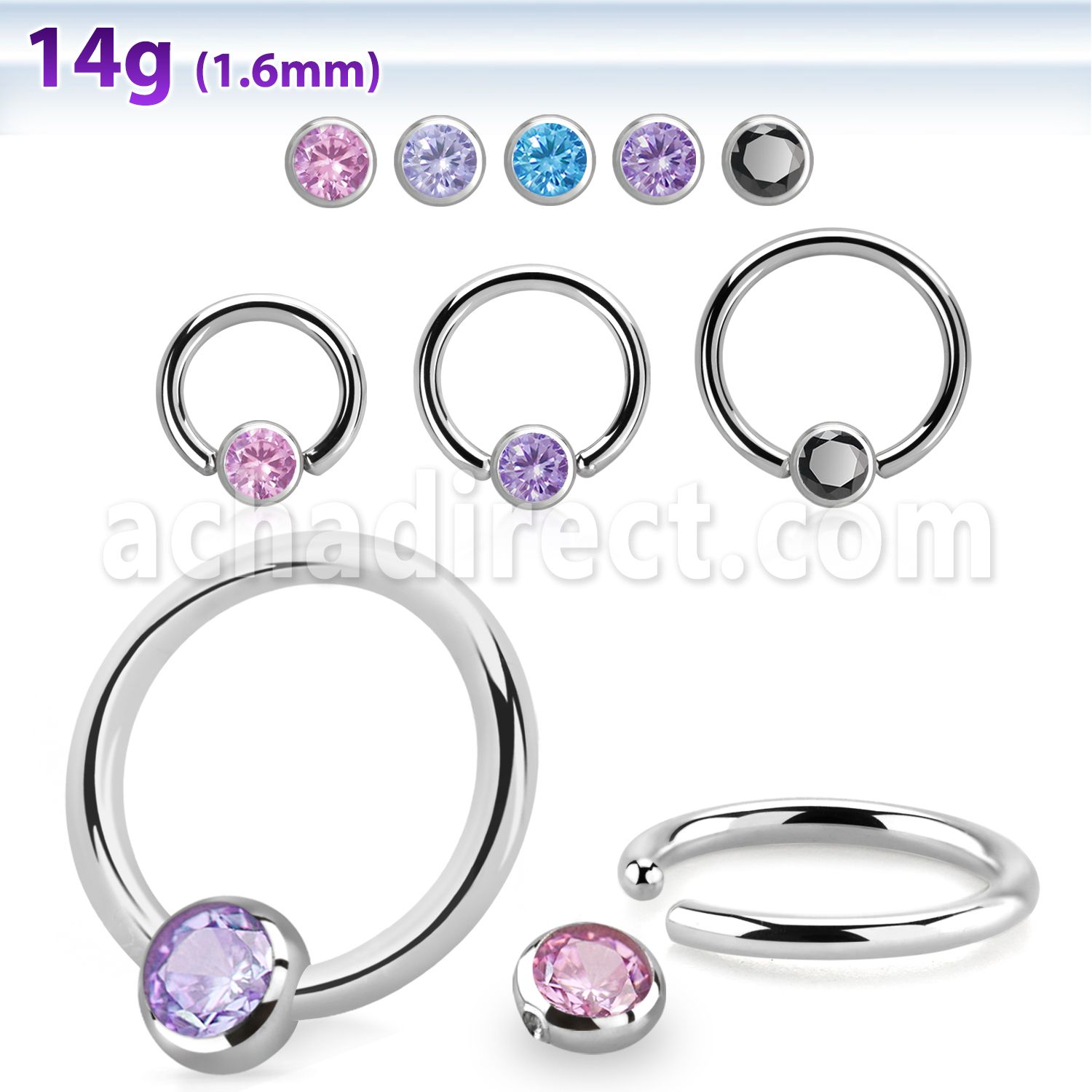 steel ball closure ring, 14g w 4mm bezel cz closure